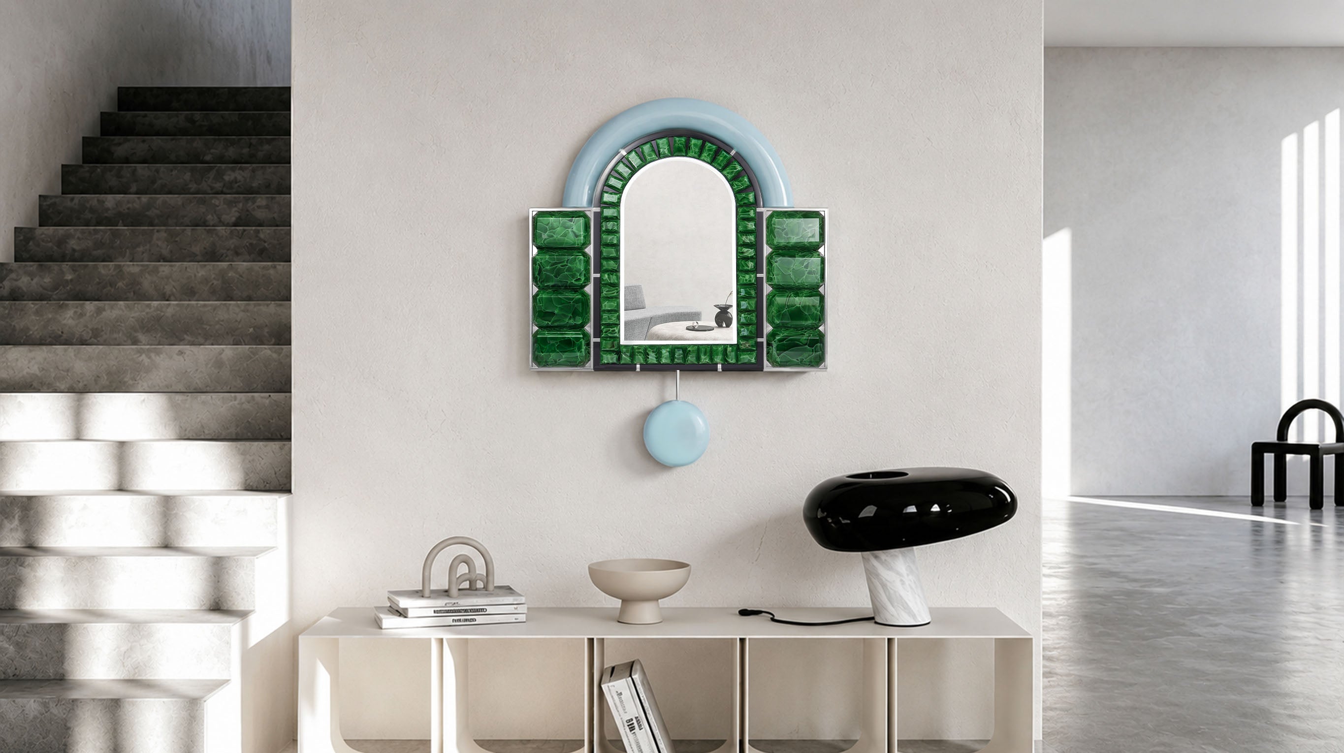 A stunning Art Deco-inspired Celebrity Mirror by ARTAMORE, featuring shimmering emerald-hued recycled glass that blends luxury jewelry aesthetics with sustainable home decor.