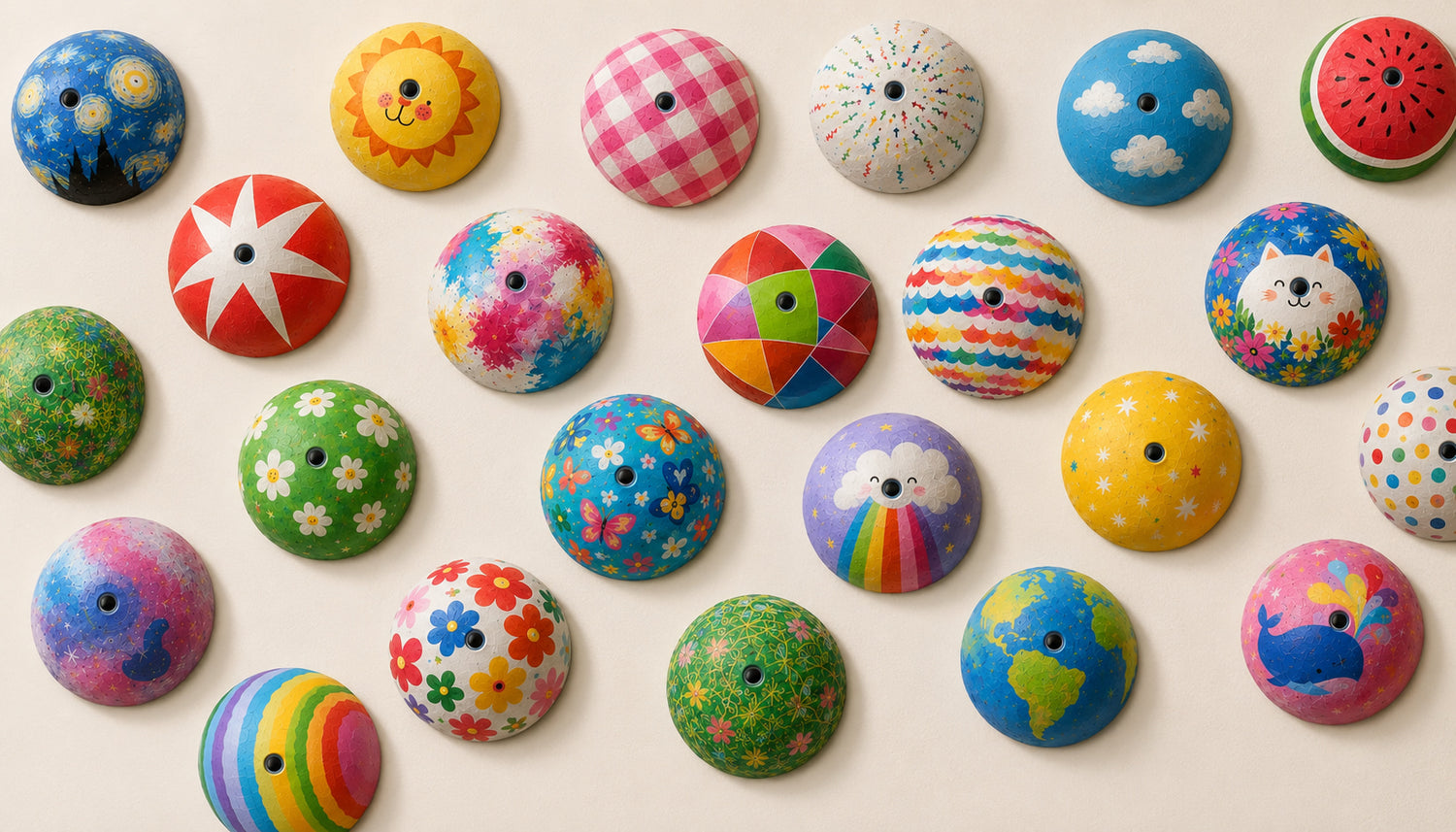 Colorful hand-painted decorative wall lights with playful patterns, flowers, animals and abstract art designs.