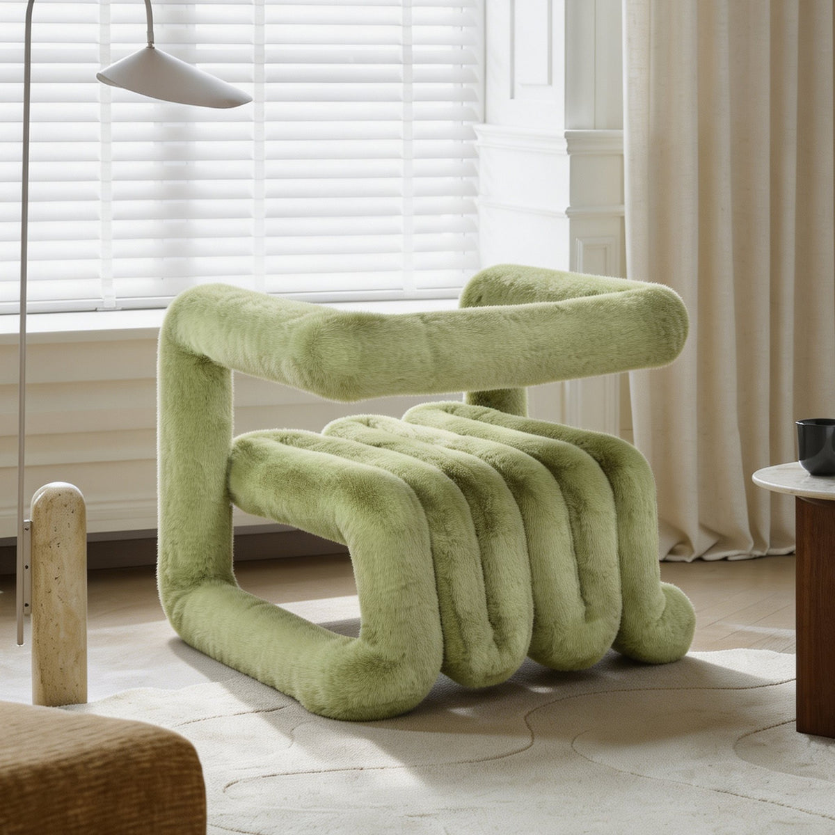 Side angled view of the avocado green 36.5°C Series plush lounge chair with cantilevered structure