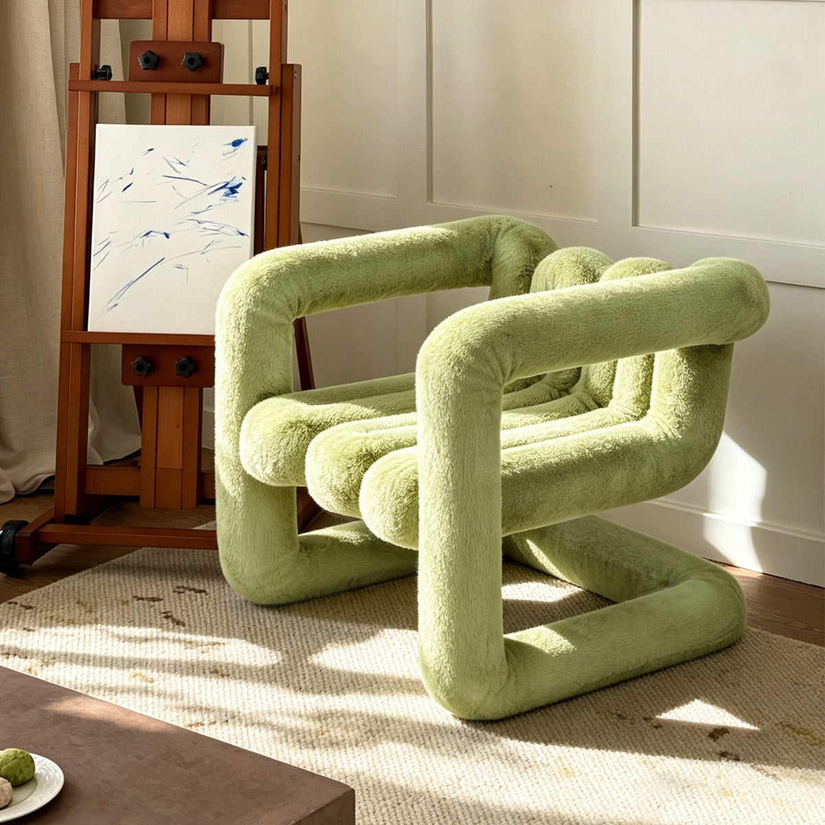 Angled view of the avocado green 36.5°C Series eco-fur lounge chair with sculptural cantilevered frame