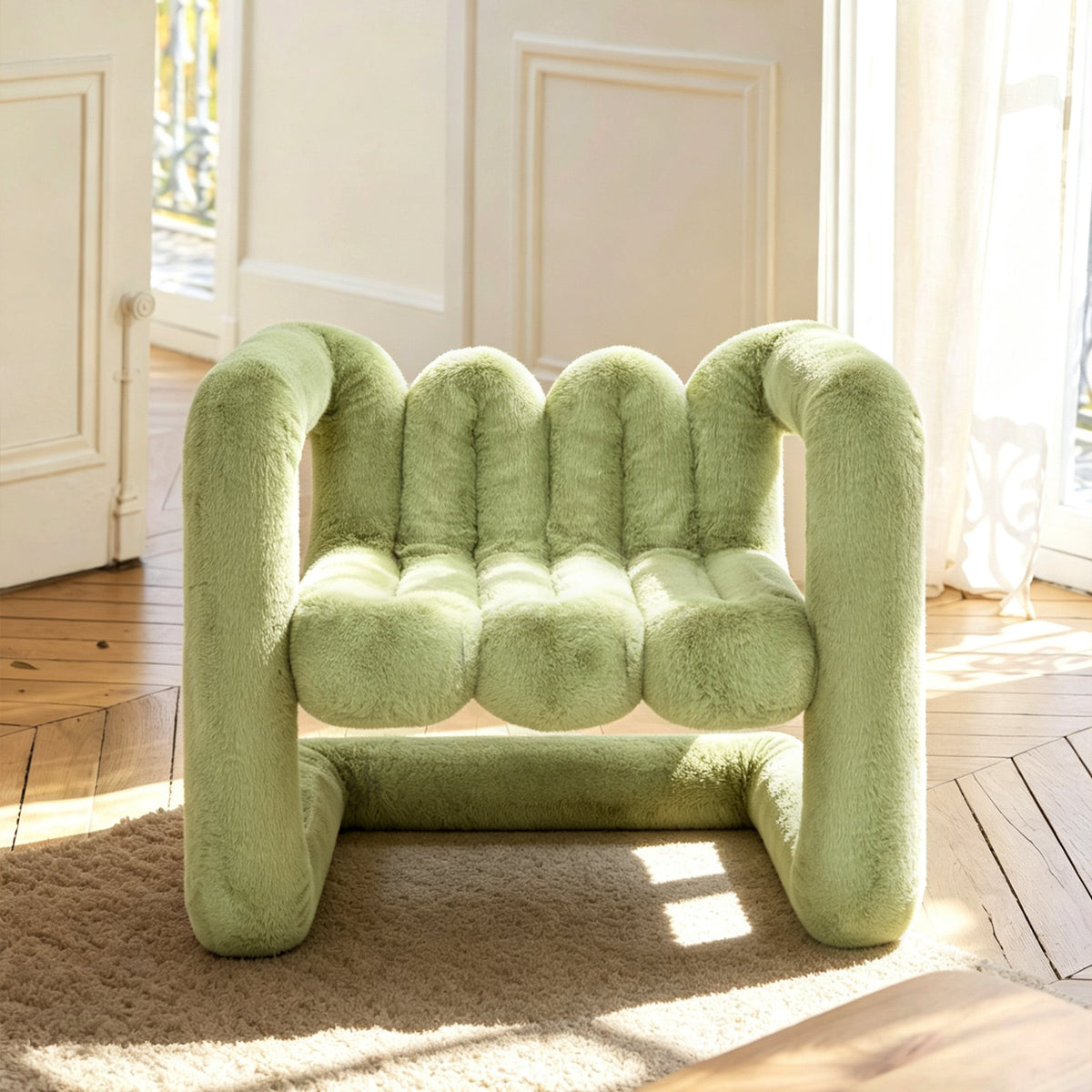 Avocado green 36.5°C Series large sculptural eco-fur lounge chair with plush channelled seat and rounded frame