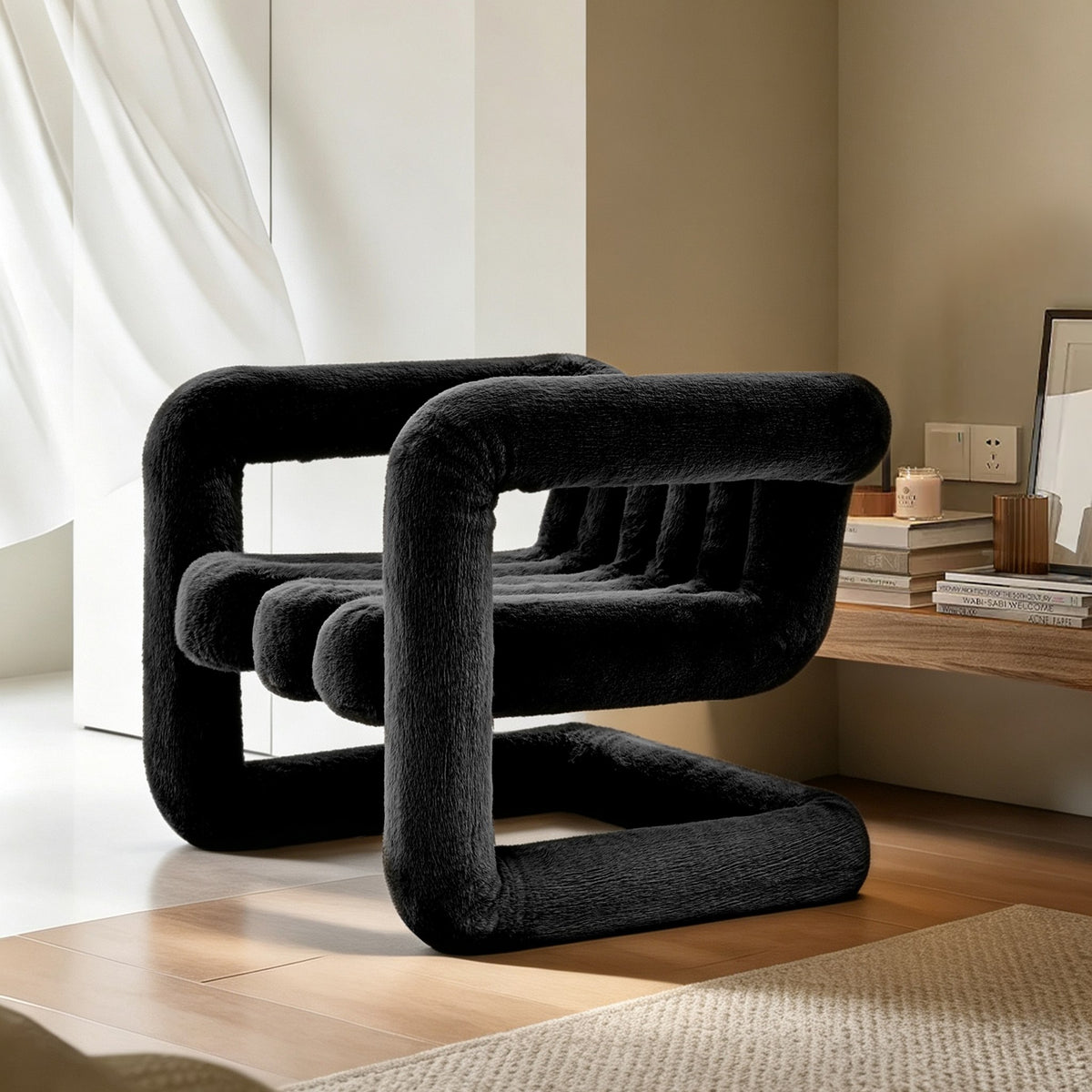 Angled view of the black 36.5°C Series eco-fur lounge chair with sculptural cantilevered frame