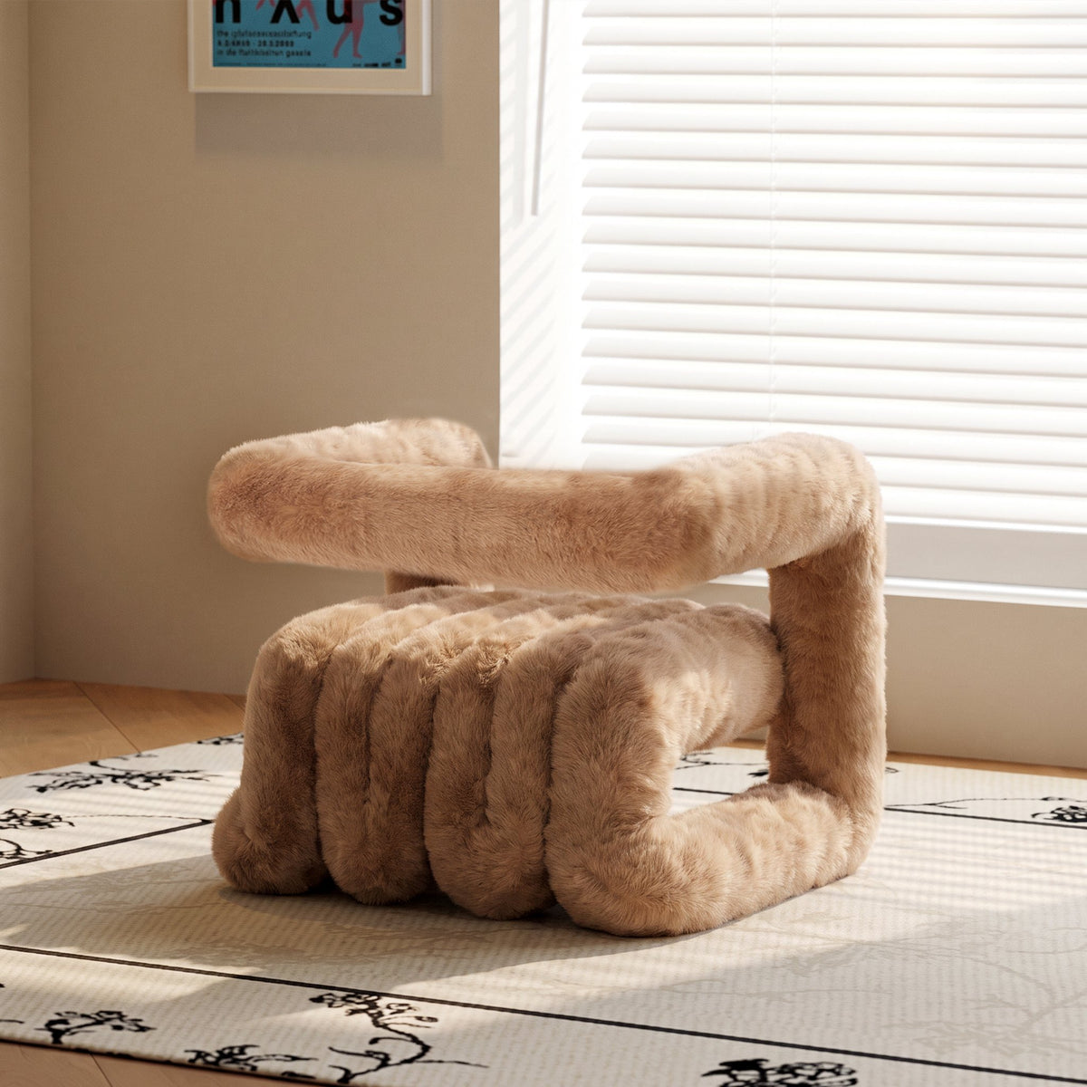 Side view of the brown 36.5°C Series eco-fur lounge chair with curved seat and cantilevered frame