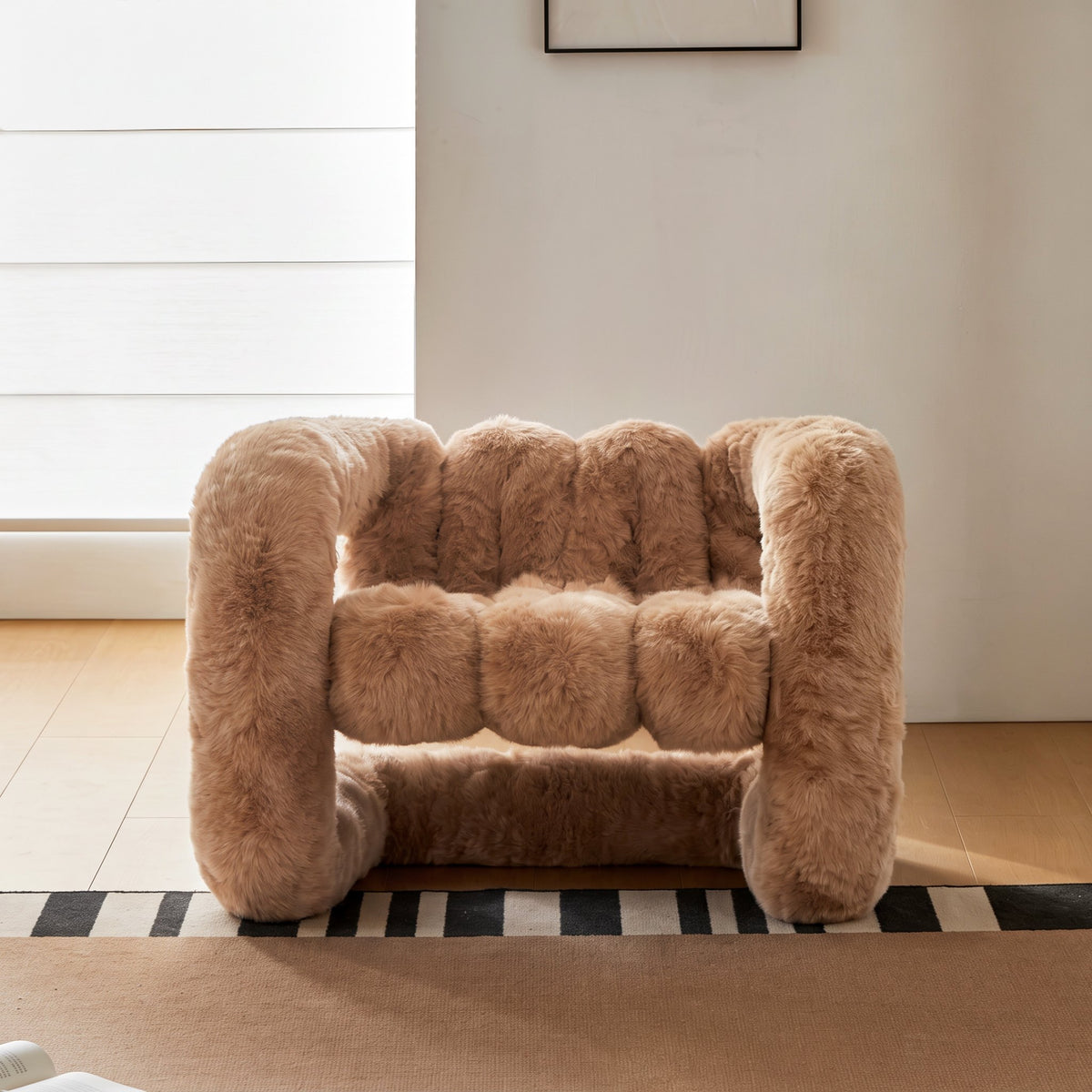 Brown 36.5°C Series large sculptural eco-fur lounge chair with plush channelled seat and rounded frame