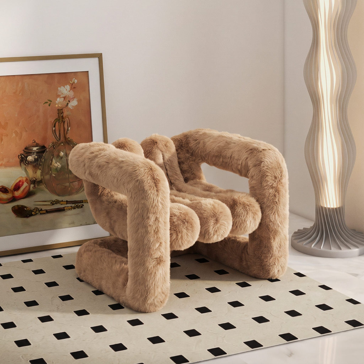 Angled view of the brown 36.5°C Series sculptural plush lounge chair in a contemporary interior