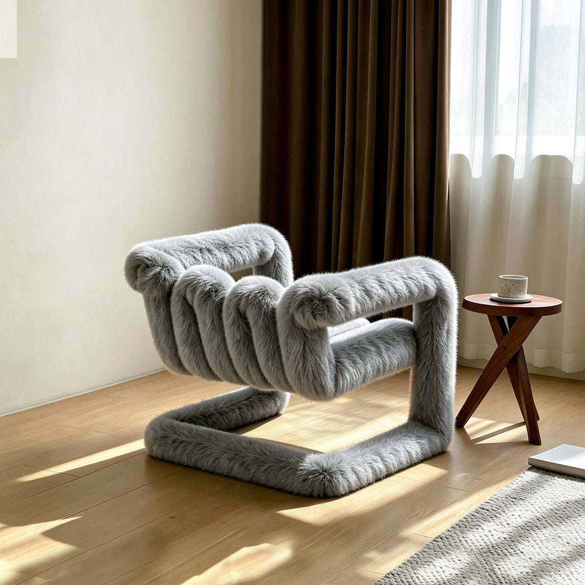 Angled view of the gray 36.5°C Series eco-fur lounge chair showing its curved frame and suspended seat