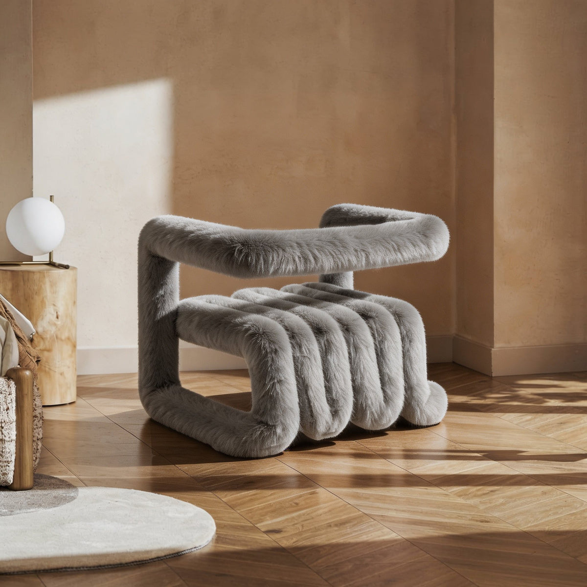 Side view of the gray 36.5°C Series large eco-fur lounge chair with sculptural cantilevered frame