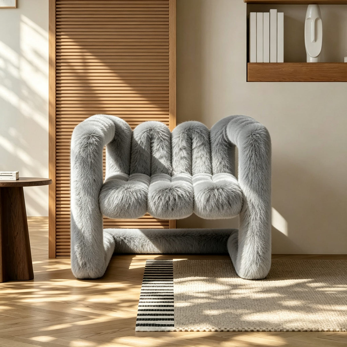 Gray 36.5°C Series large sculptural eco-fur lounge chair with plush channelled seating and rounded frame