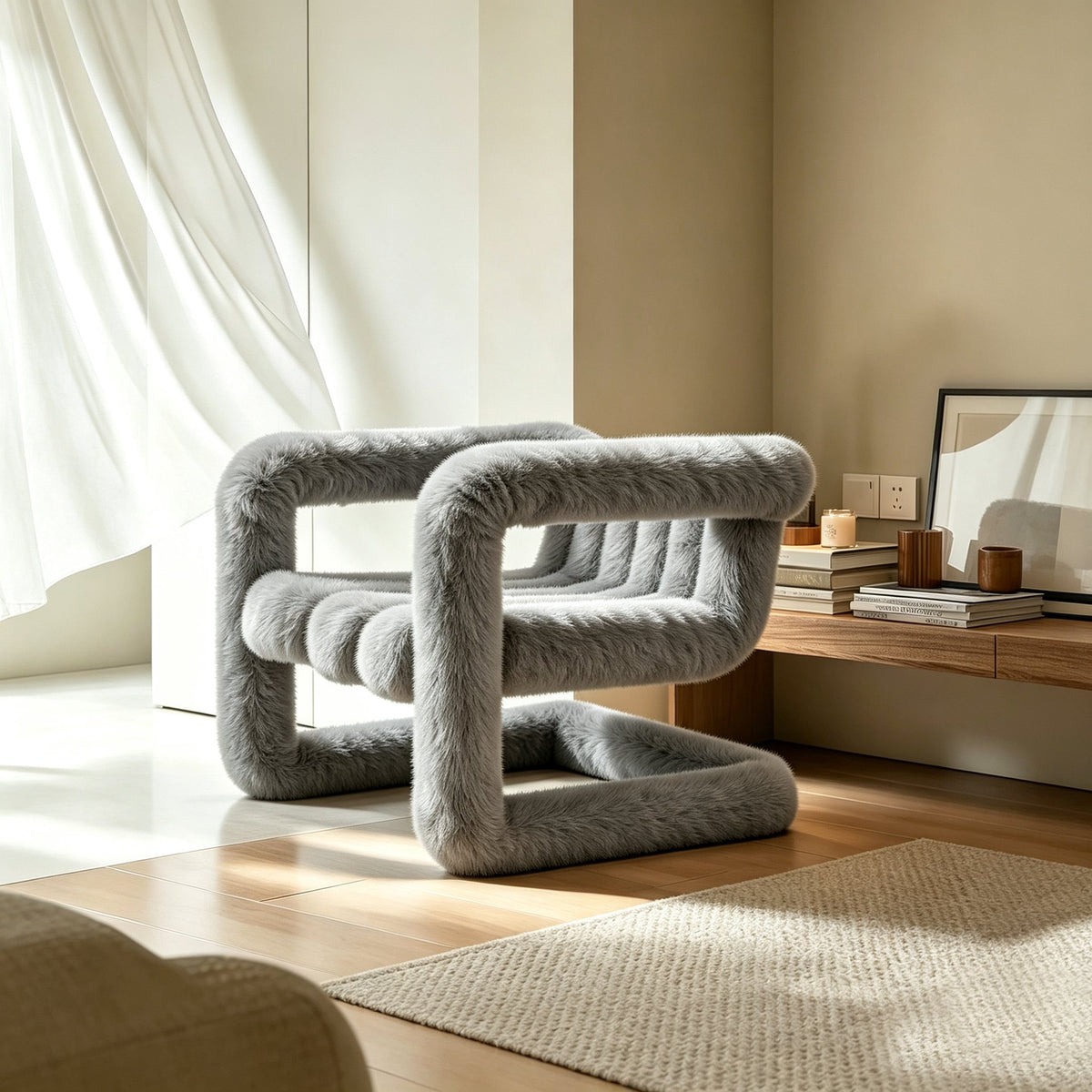 Rear angled view of the gray 36.5°C Series sculptural plush lounge chair in a modern interior