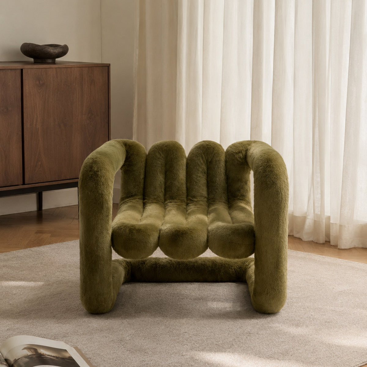 Olive green 36.5°C Series large sculptural eco-fur lounge chair with plush channelled seat and rounded frame
