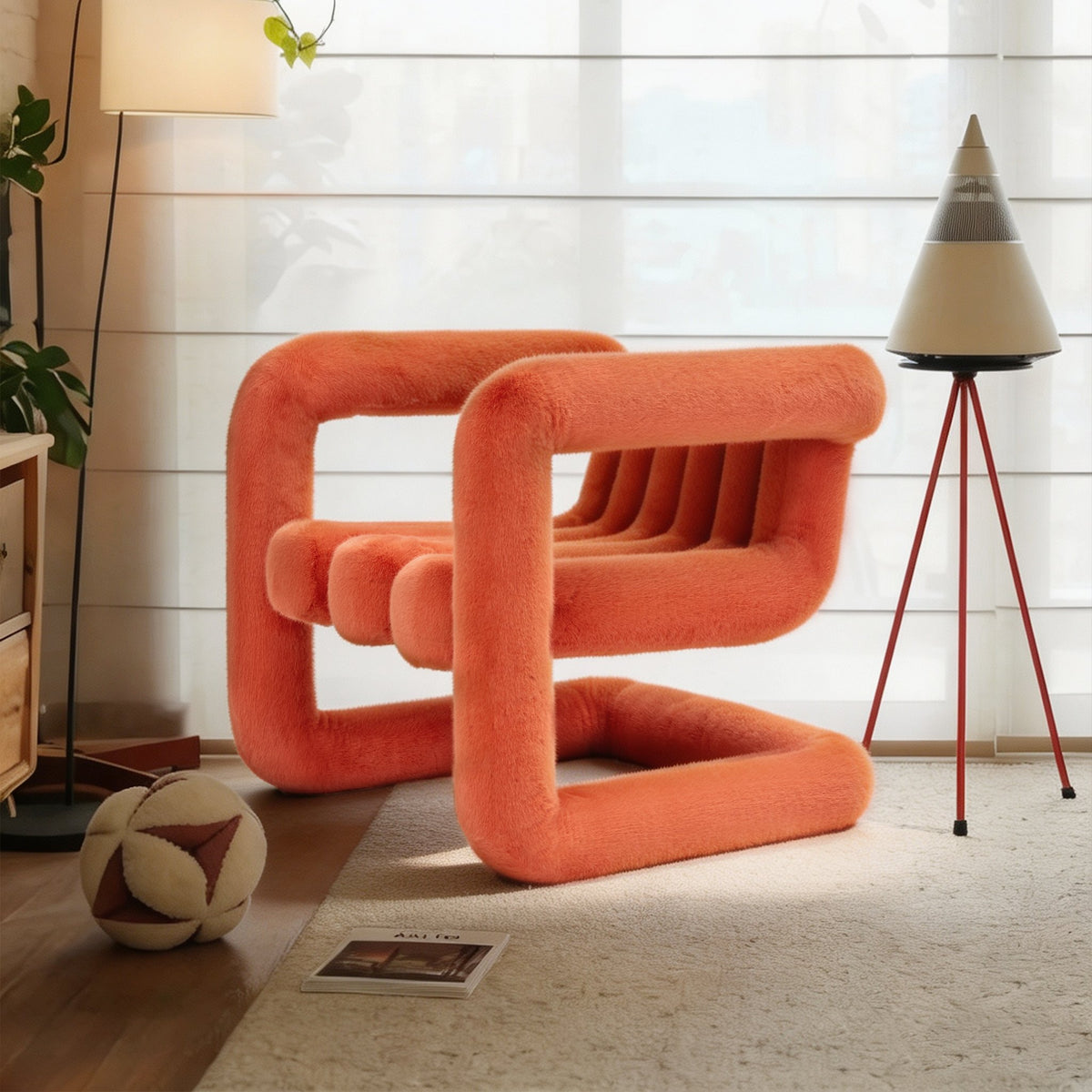 Angled view of the orange 36.5°C Series large eco-fur lounge chair with sculptural cantilevered frame