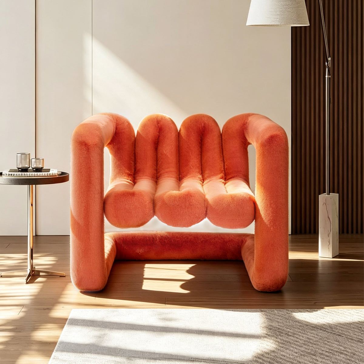 Orange 36.5°C Series large sculptural eco-fur lounge chair with plush upholstery and rounded looped frame