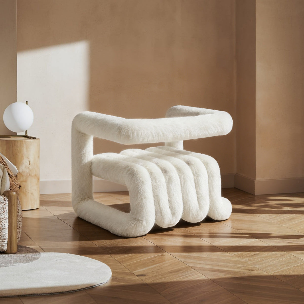 Angled view of the white 36.5°C Series large eco-fur lounge chair with sculptural cantilevered frame