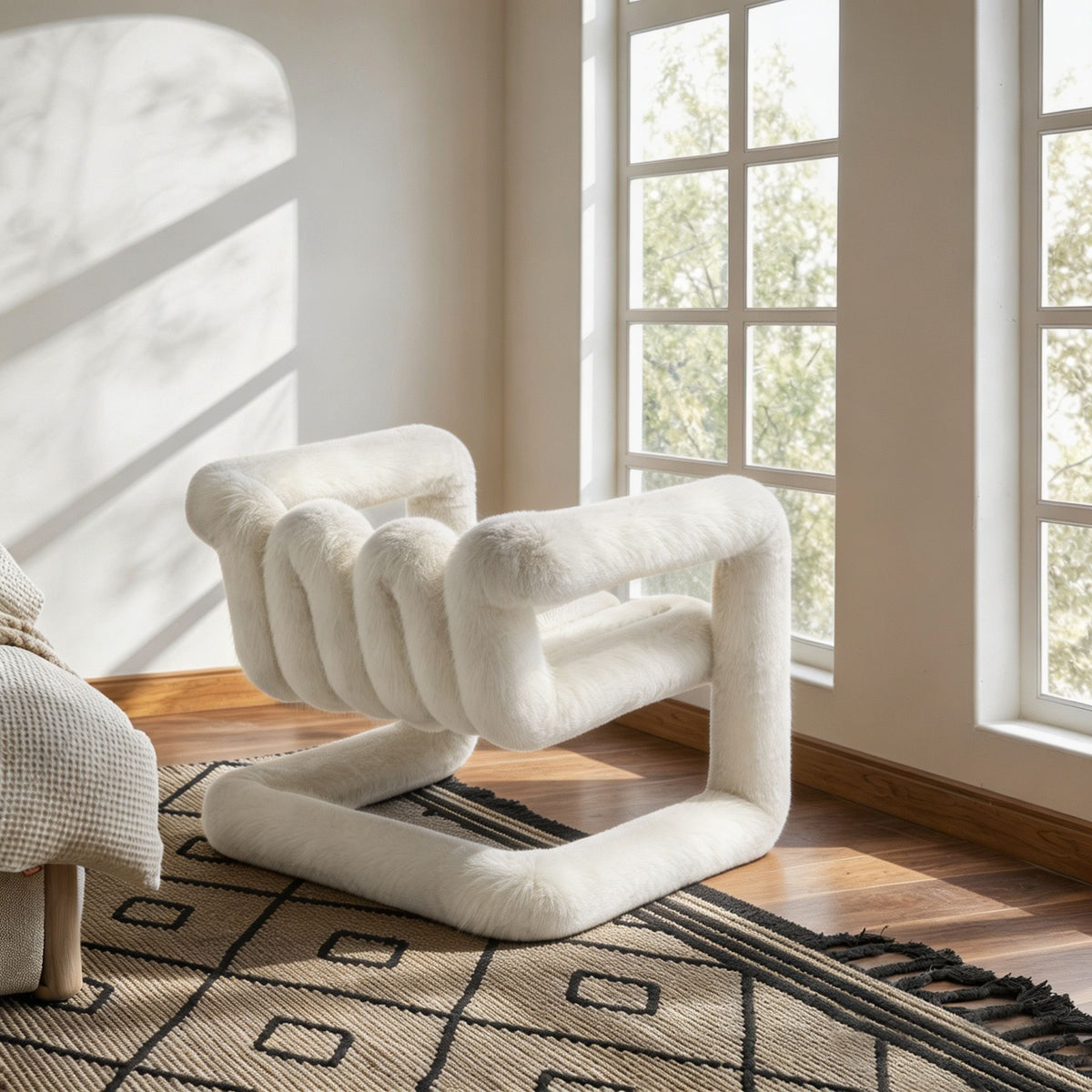 Side view of the white 36.5°C Series reversible eco-fur lounge chair showing its flowing cantilevered silhouette