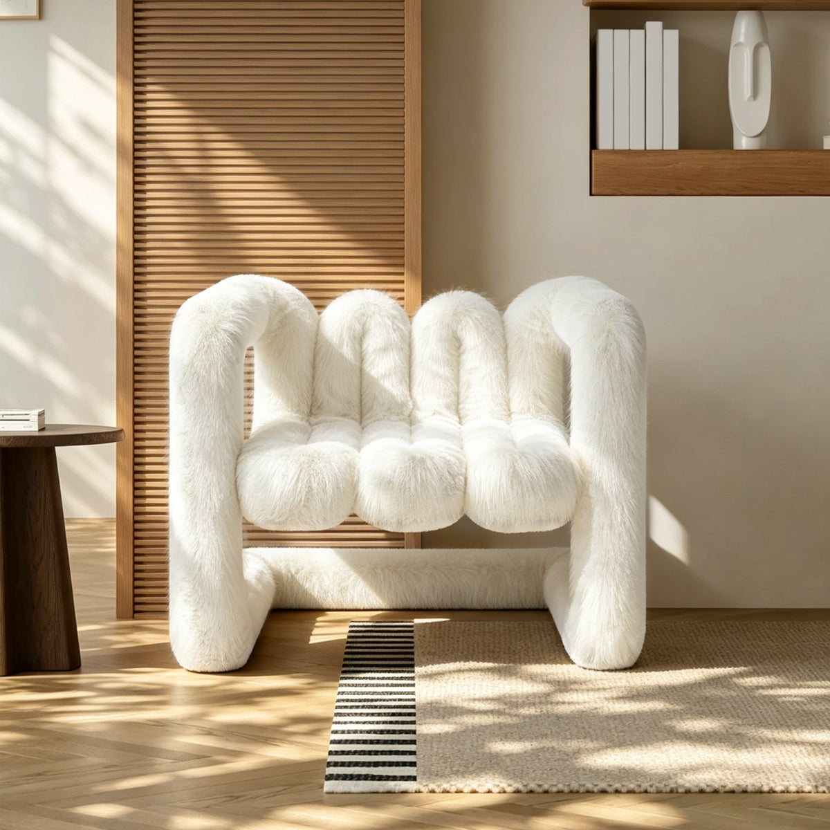 White 36.5°C Series large sculptural eco-fur lounge chair with plush upholstery and rounded looped frame