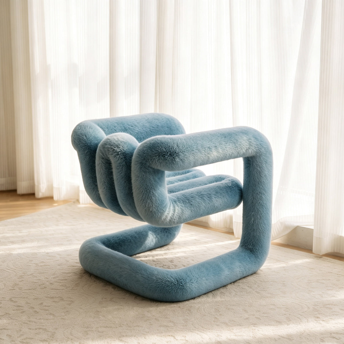 Angled view of the blue 36.5°C Series Medium-L lounge chair with plush eco-fur upholstery and looped frame