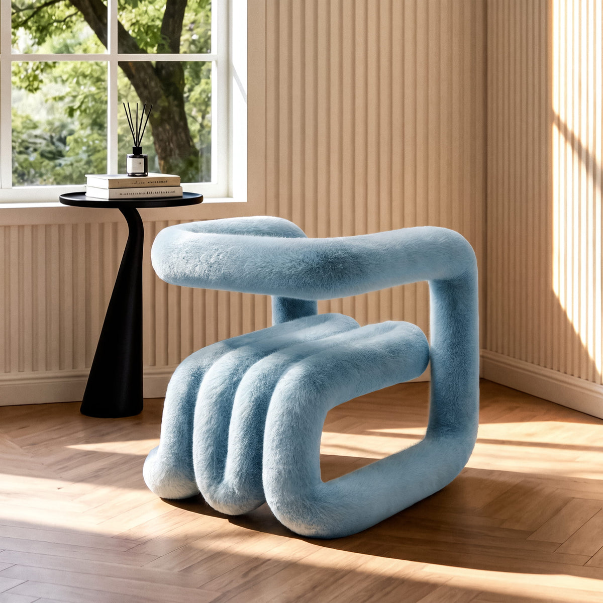 Side view of the blue 36.5°C Series Medium-L sculptural chair with rounded seat sections and cantilevered frame