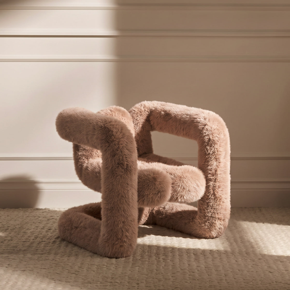 Angled view of the brown 36.5°C Series Medium-L lounge chair with plush eco-fur upholstery and looped frame