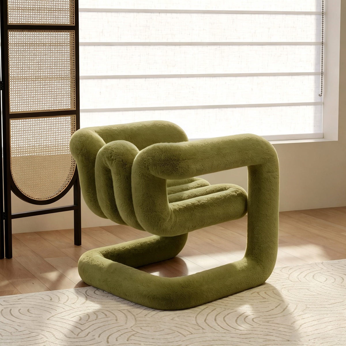 Angled view of the deep green 36.5°C Series Medium-L lounge chair with plush upholstery and looped cantilevered frame