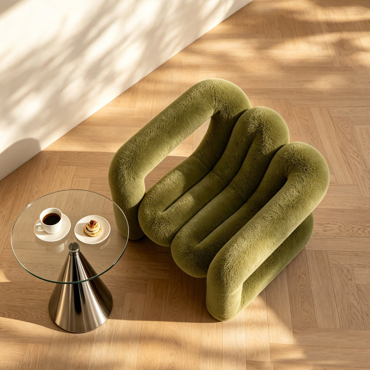 Top view of the deep green 36.5°C Series Medium-L plush chair showing its rounded seat and sculptural proportions