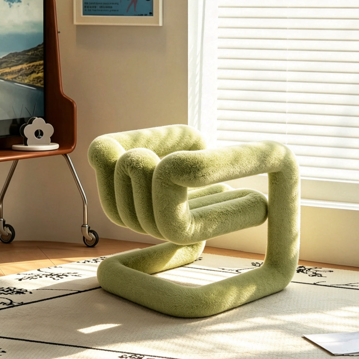 Angled view of the green 36.5°C Series Medium-L lounge chair with soft eco-fur upholstery and looped frame
