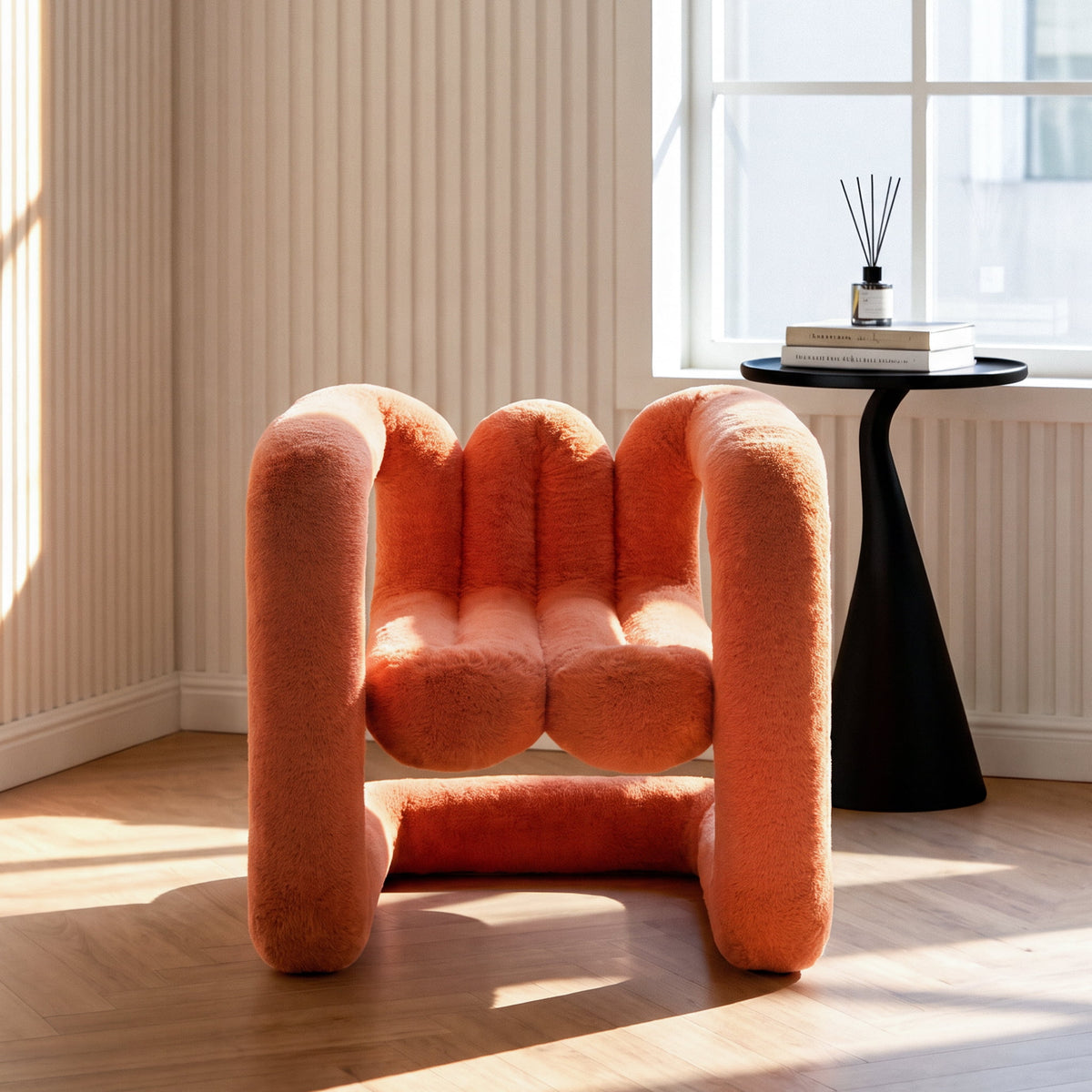 Orange 36.5°C Series Medium-L plush chair with rounded sculptural frame and soft eco-fur upholstery