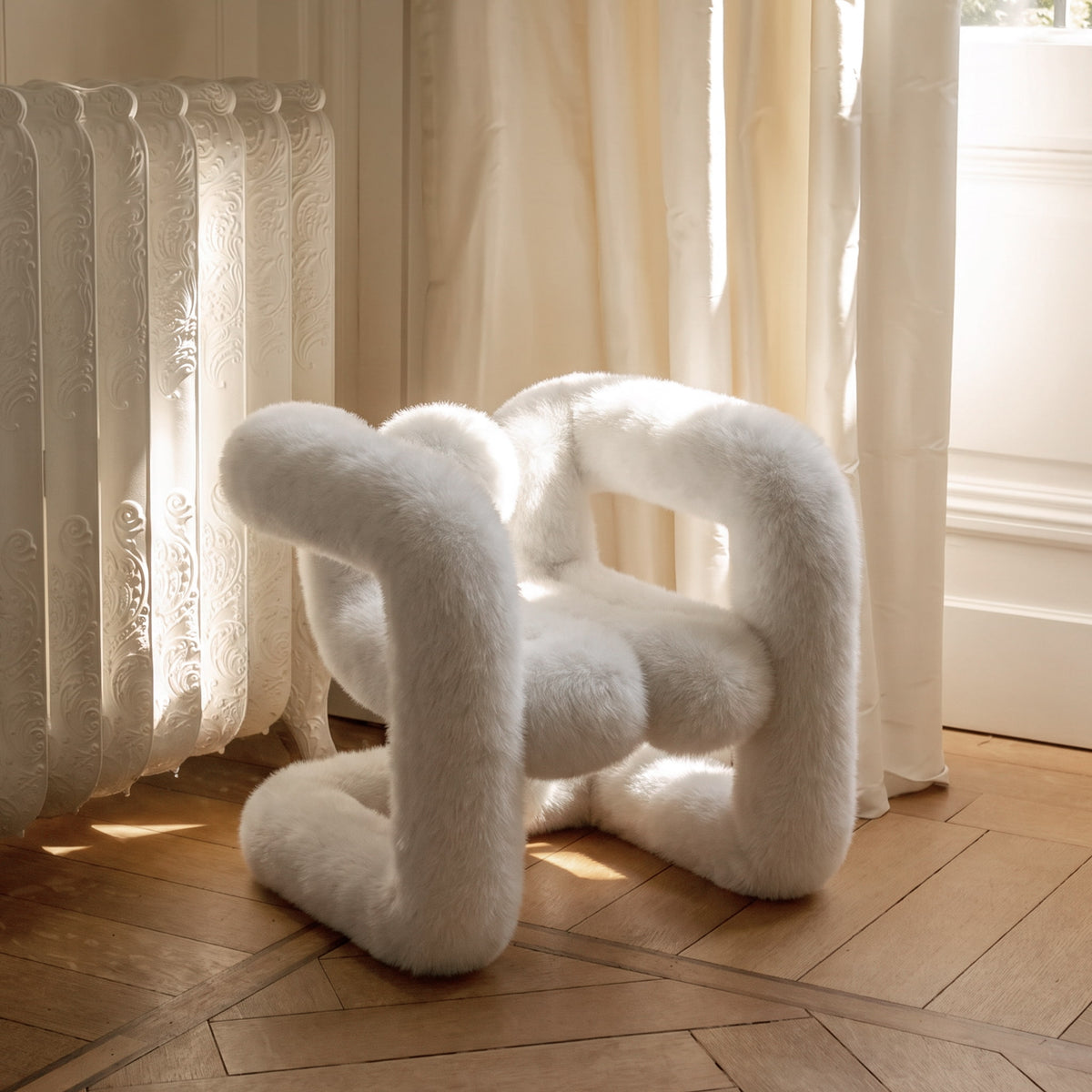 Side view of the white 36.5°C Series Medium-L lounge chair with plush eco-fur upholstery and looped sculptural form