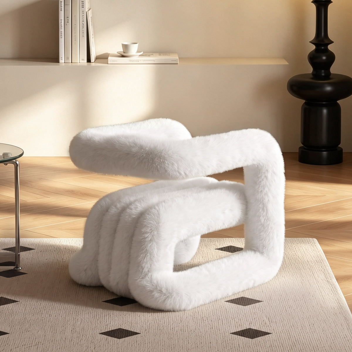White 36.5°C Series Medium-L plush accent chair with oversized rounded frame in a warm contemporary interior