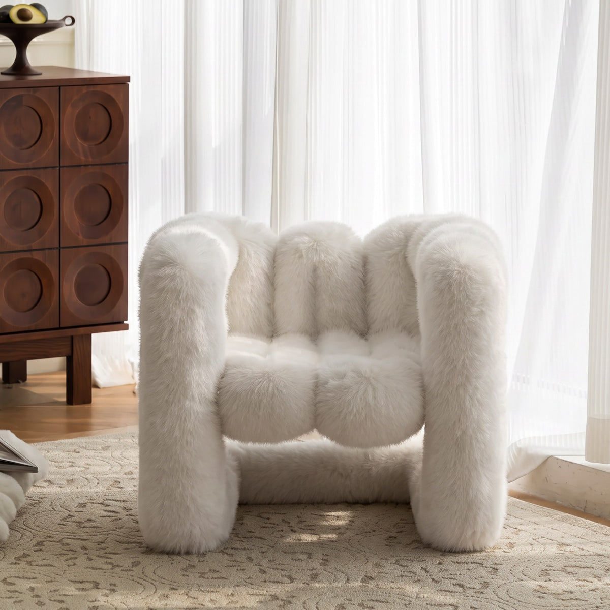 White 36.5°C Series Medium-L plush chair with soft eco-fur upholstery and rounded sculptural frame in a bright living room