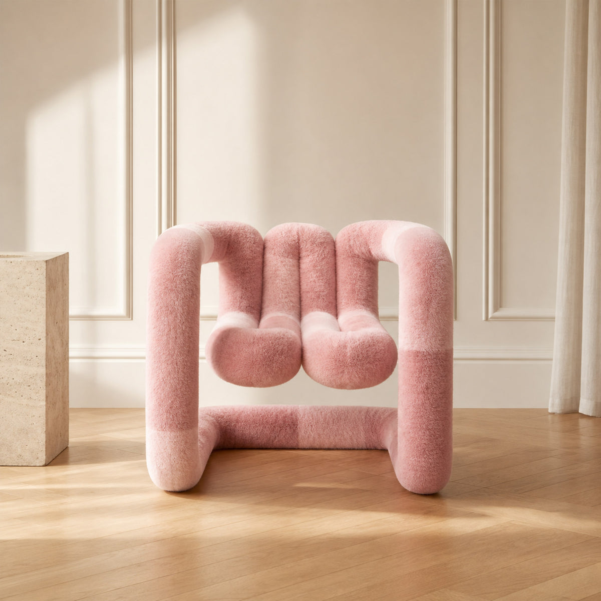 Front view of the pink 36.5°C Series Medium Chair showing its looped sculptural form and plush eco-fur upholstery