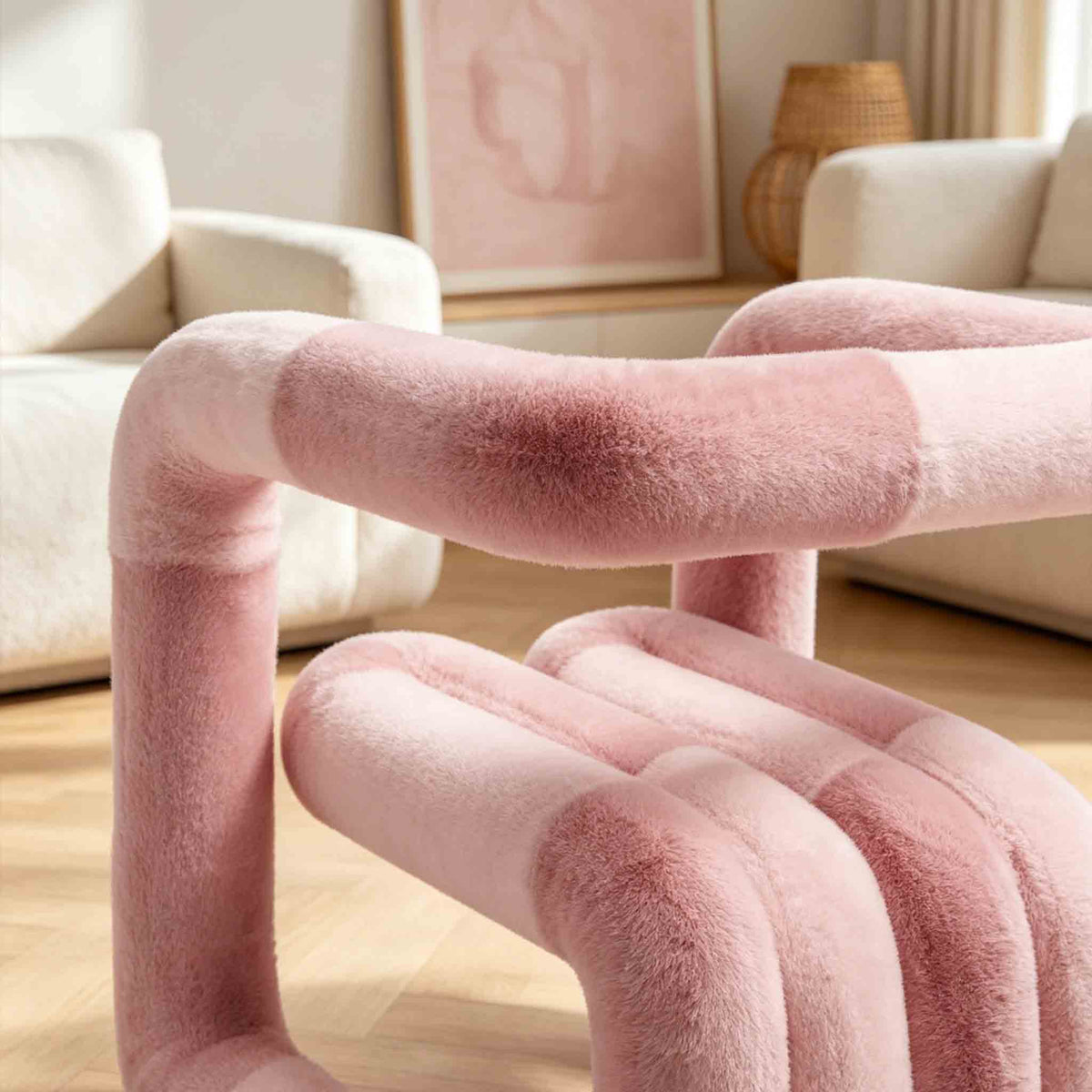 Close-up of the pink 36.5°C Series Medium Chair showing its plush tubular frame and sculptural seat construction