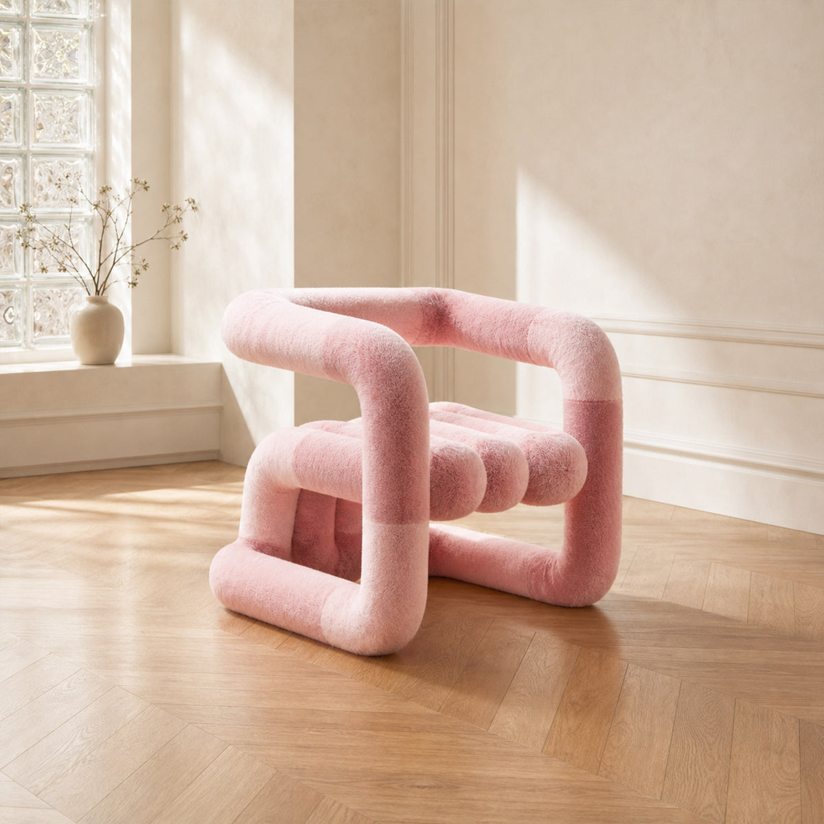 Pink 36.5°C Series Medium plush chair with rounded sculptural frame and soft eco-fur upholstery in a sunlit interior