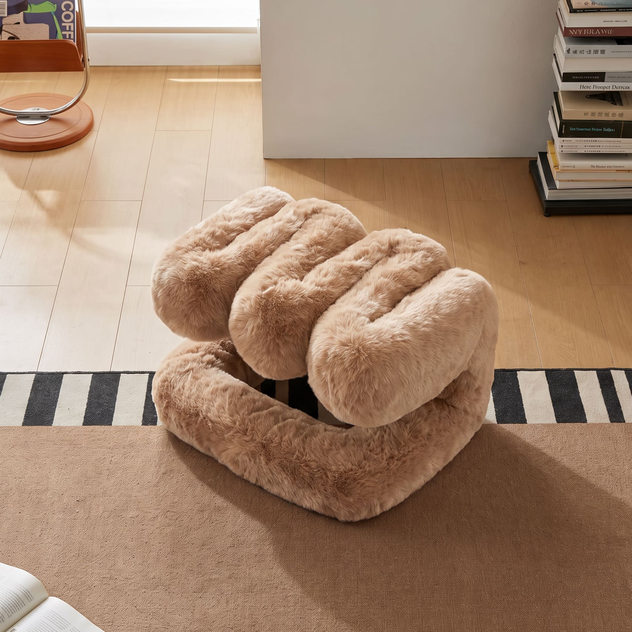 Elevated view of the camel brown 36.5°C Series Plush Stool highlighting its playful wave-like sculptural shape.