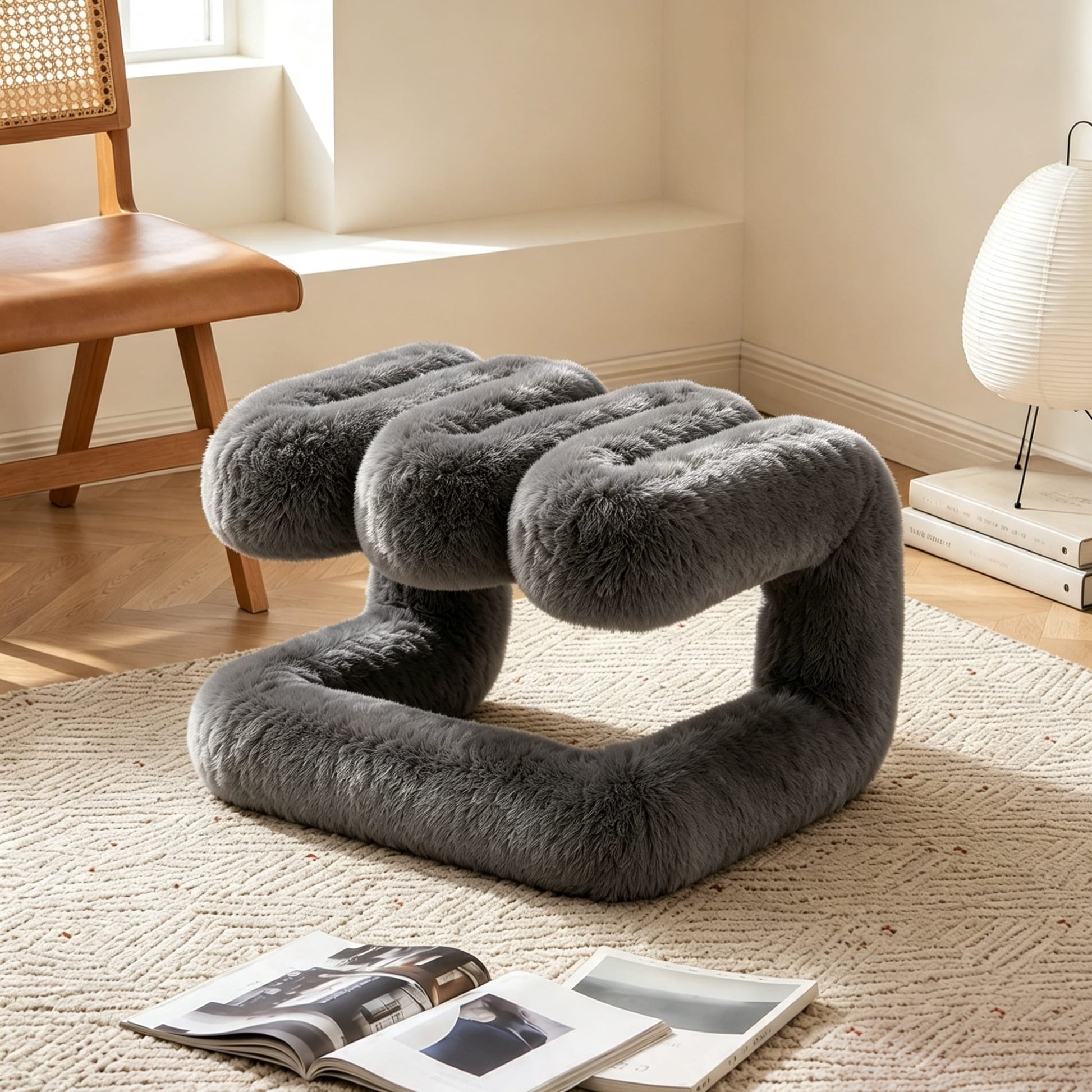 Charcoal gray 36.5°C Series Plush Stool styled in a warm modern reading corner with wood furniture.