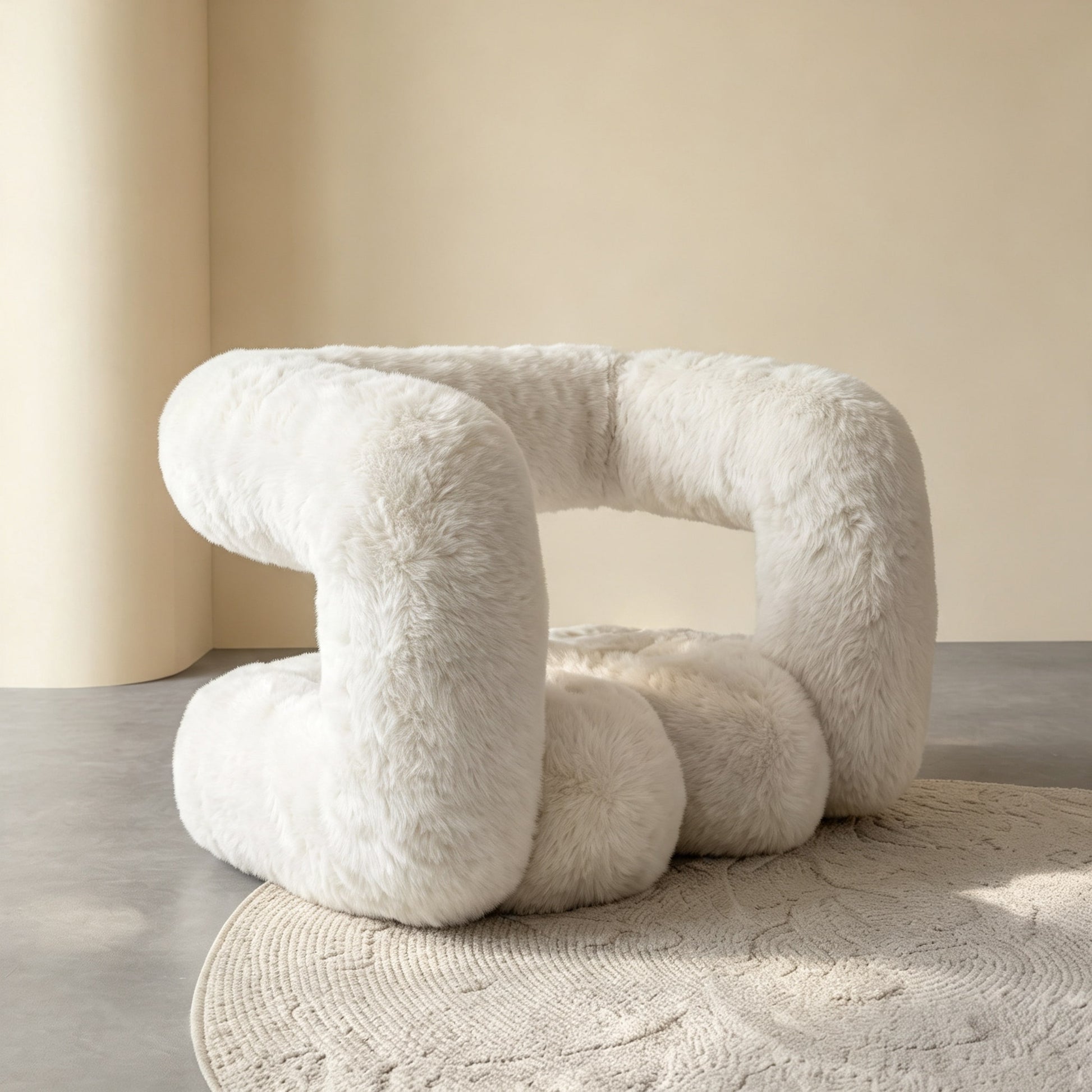 Side view of the ivory white 36.5°C Series Plush Stool showing its rounded wave-like silhouette and plush texture.