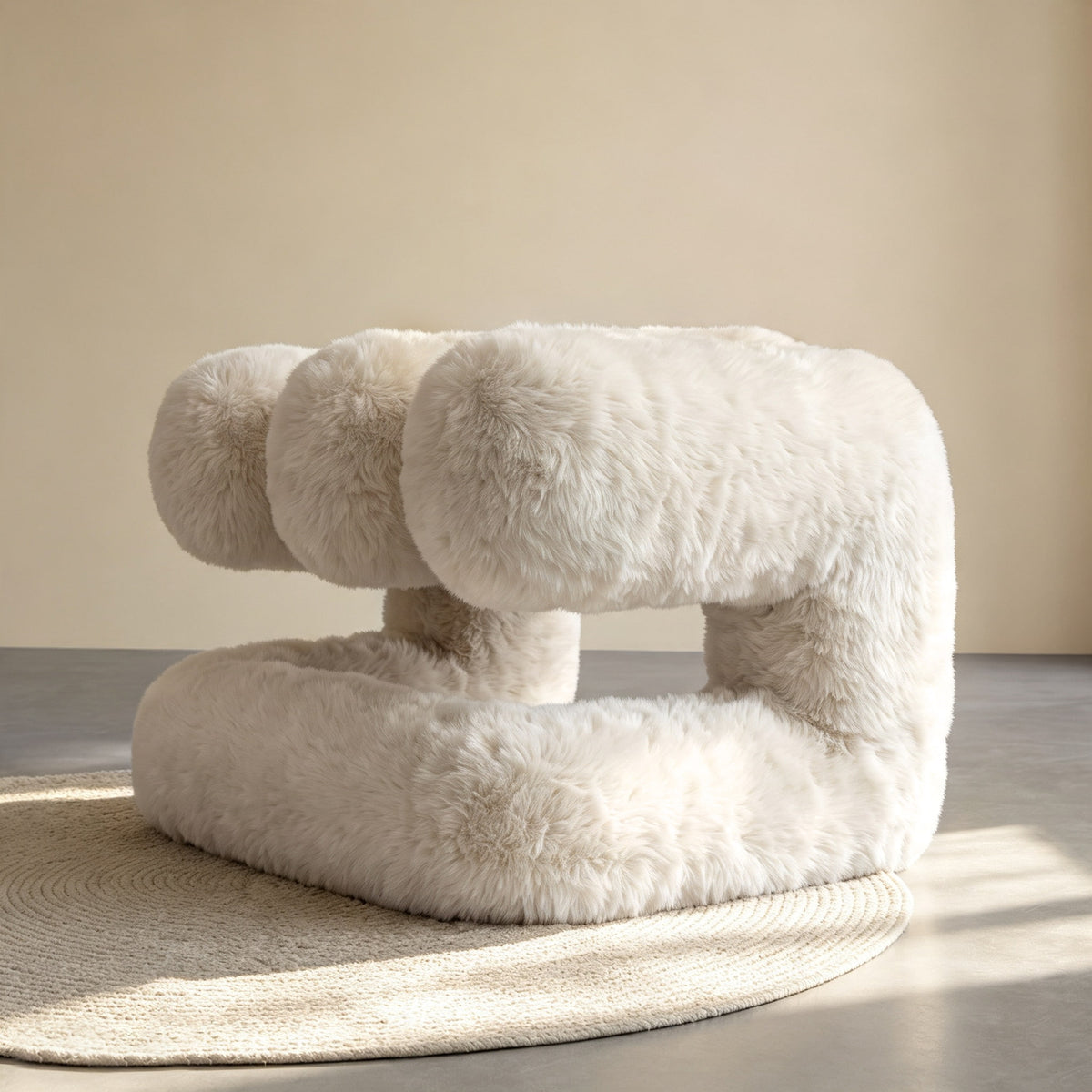 Ivory white 36.5°C Series Plush Stool with a soft wave-like sculptural form and eco-fur upholstery.
