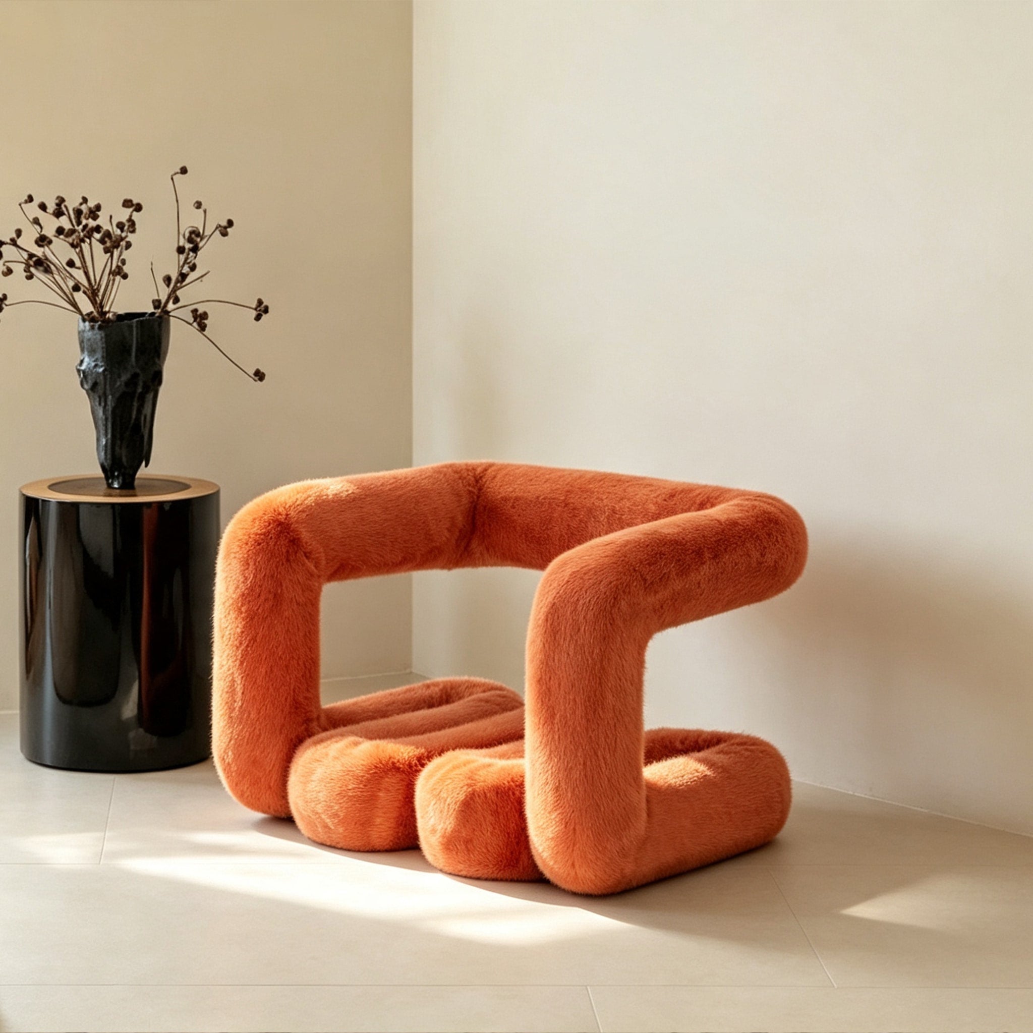Orange 36.5°C Series Plush Stool displayed in a reversed lounge configuration in a minimalist interior.