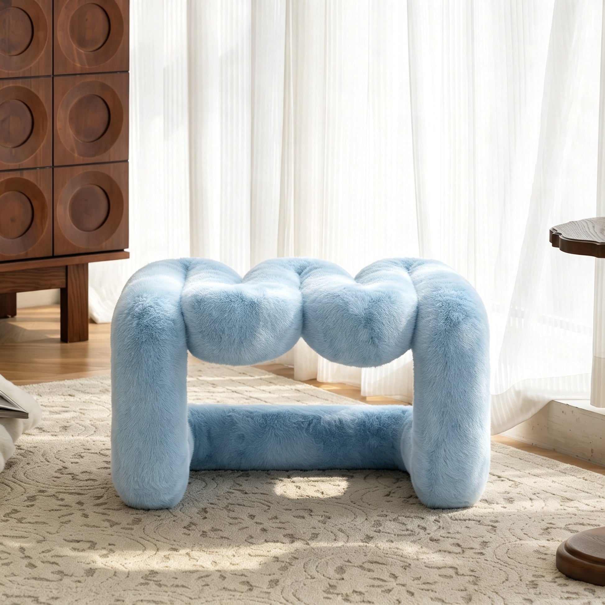 Front view of the powder blue 36.5°C Series Plush Stool displayed in its reversed configuration.