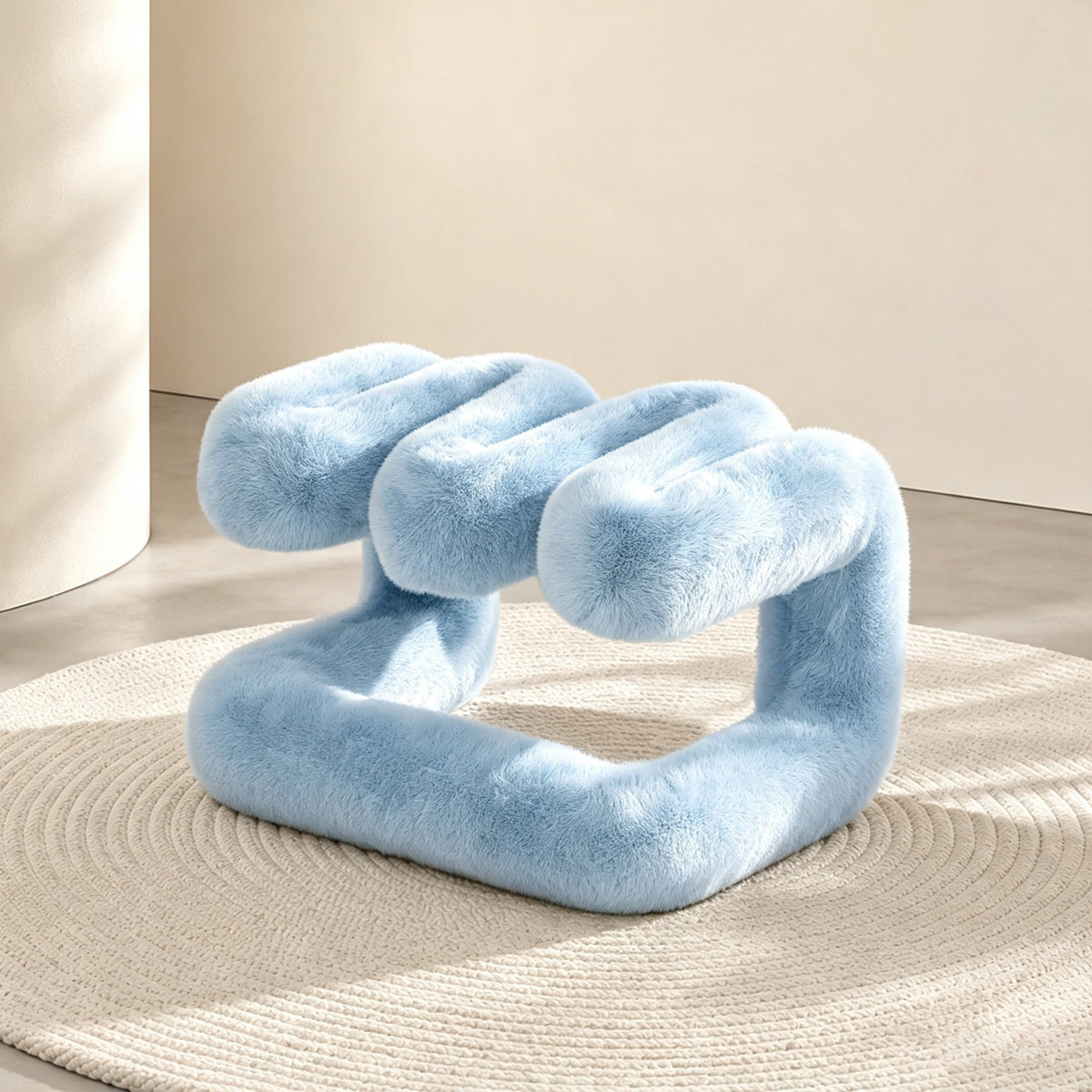 Powder blue 36.5°C Series Plush Stool styled in a bright sunlit contemporary lounge.