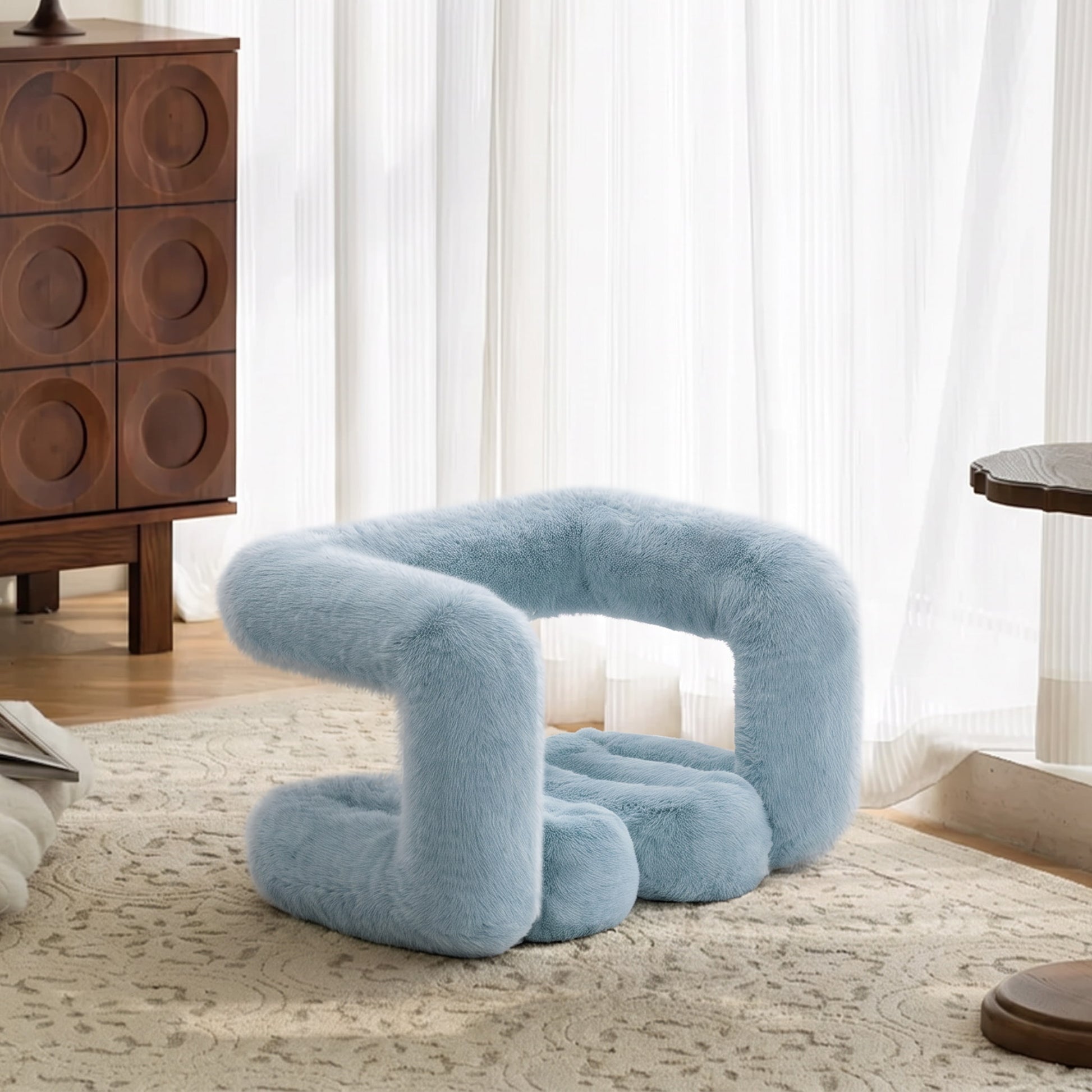 Powder blue 36.5°C Series Plush Stool with soft eco-fur upholstery and a playful sculptural silhouette.