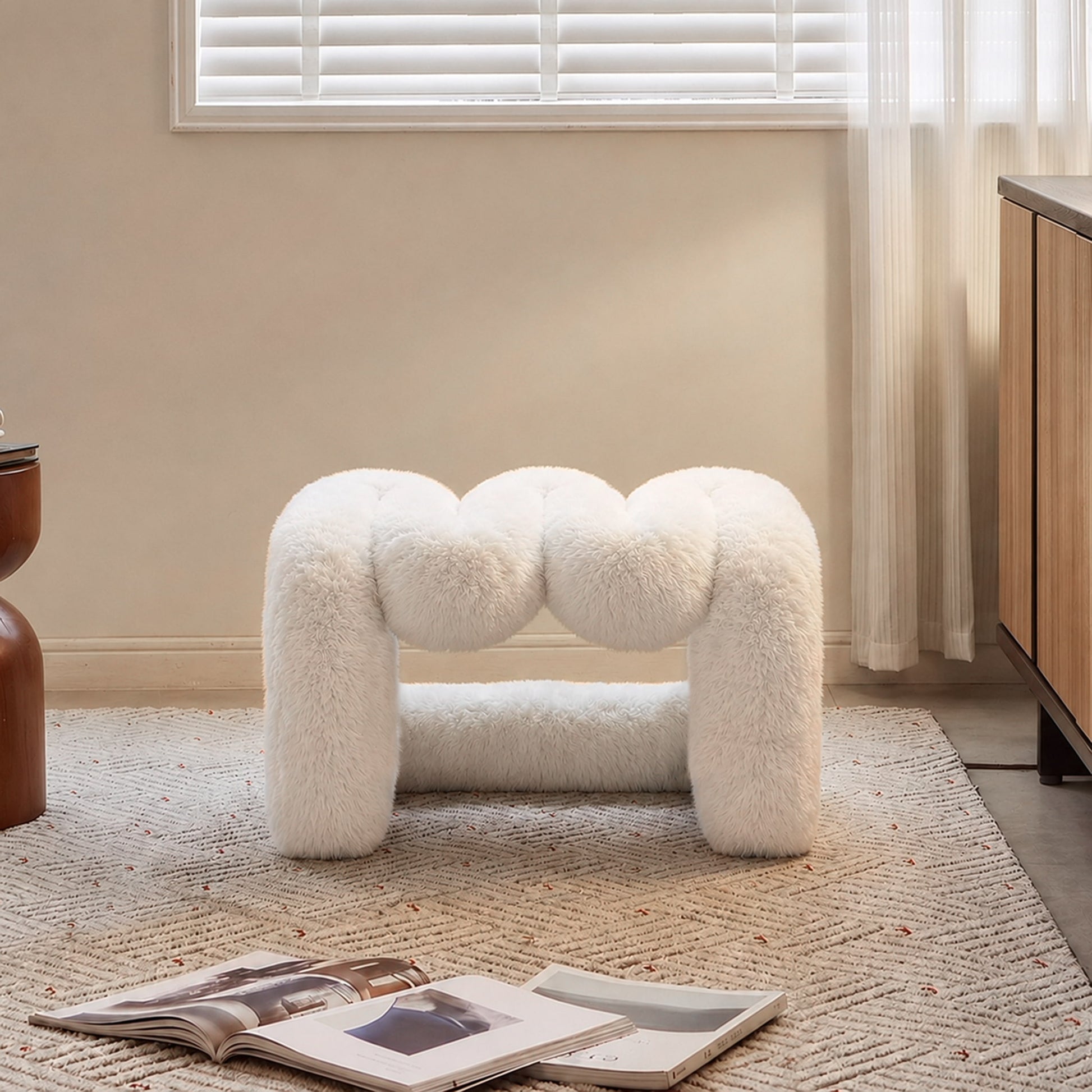 White 36.5°C Series Plush Stool styled in a bright contemporary reading corner with a textured rug.
