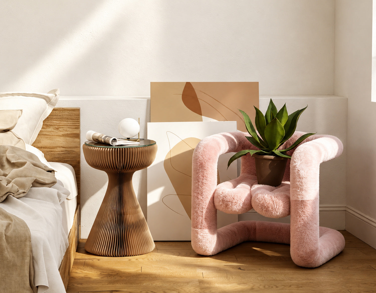 Artamore playful home decor scene with a pink plush sculptural chair, ribbed side table, plant and warm natural light.