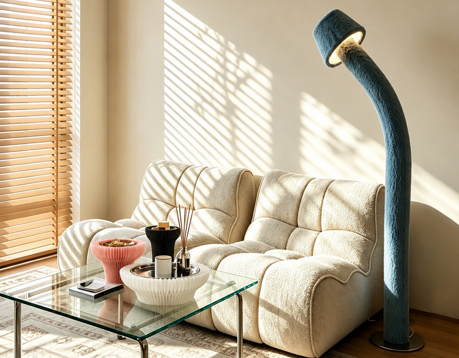 Artamore contemporary living room with sculptural blue floor lamp, cream sofa, glass coffee table and artistic home decor.