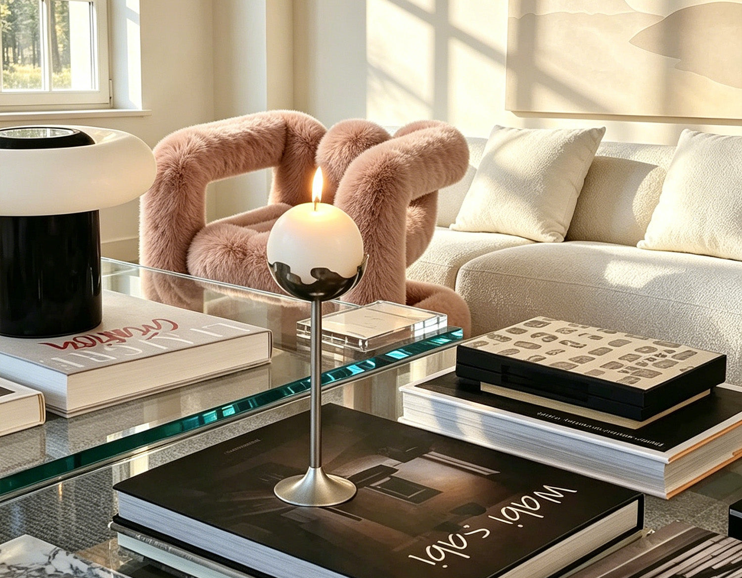 Artamore table rituals scene with a modern candle holder, glass coffee table, design books and soft living room seating.