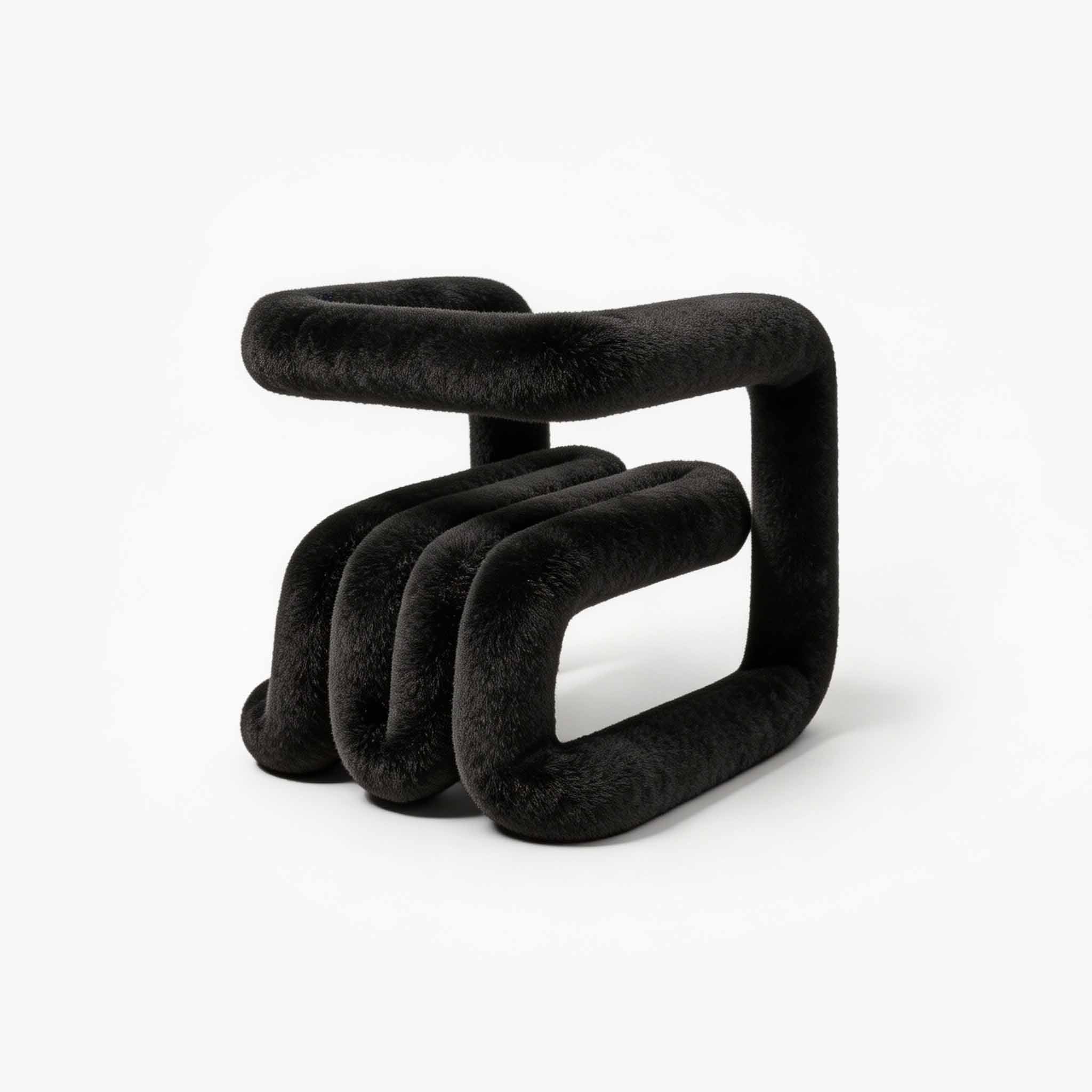Close-up of premium black faux fur upholstery fabric on an accent chair