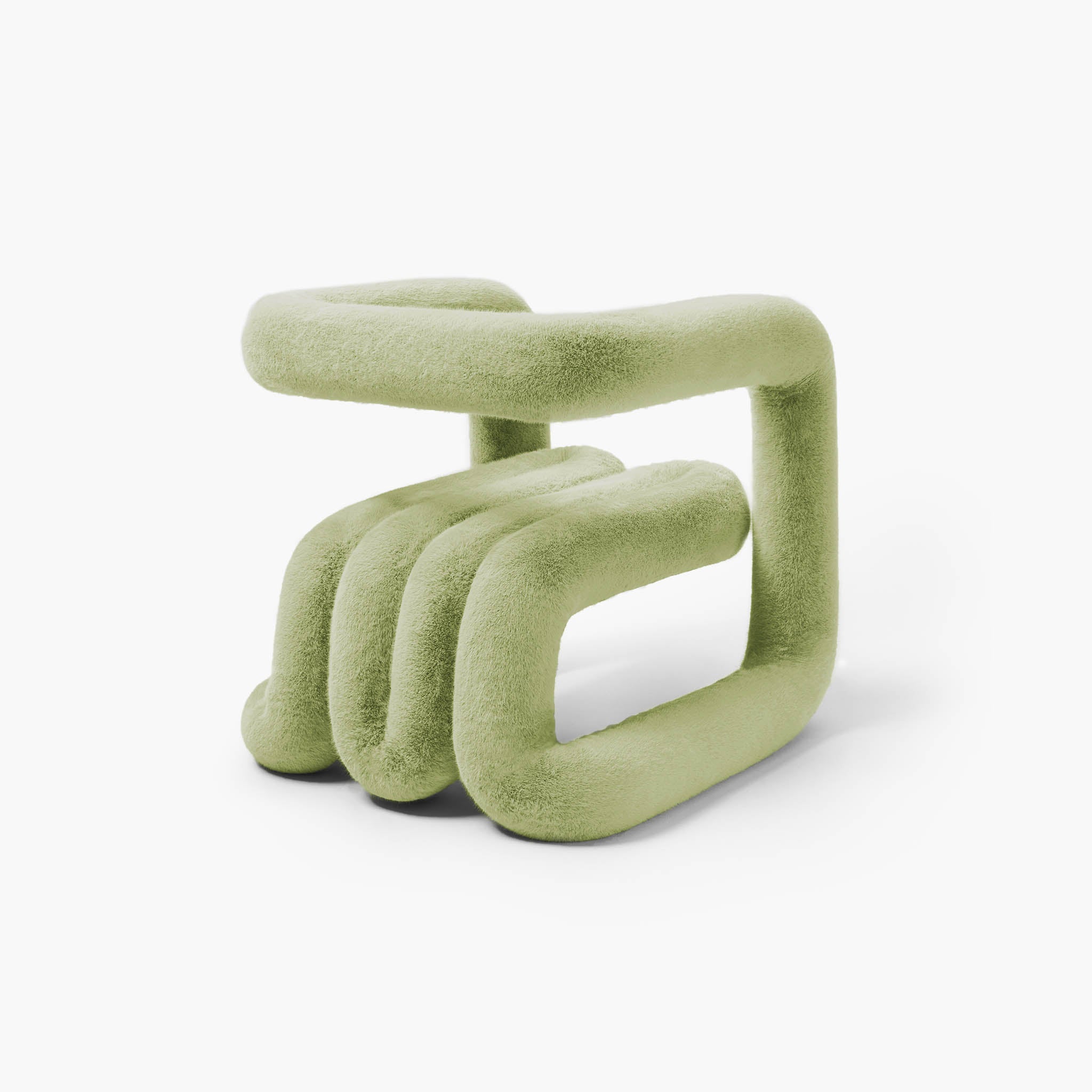 Quiet luxury lounge chair in dark green faux fur with rounded edges