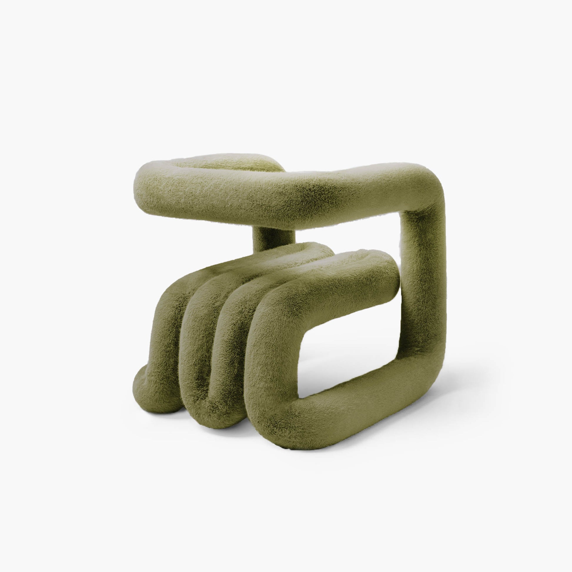 Quiet luxury lounge chair in dark green faux fur material