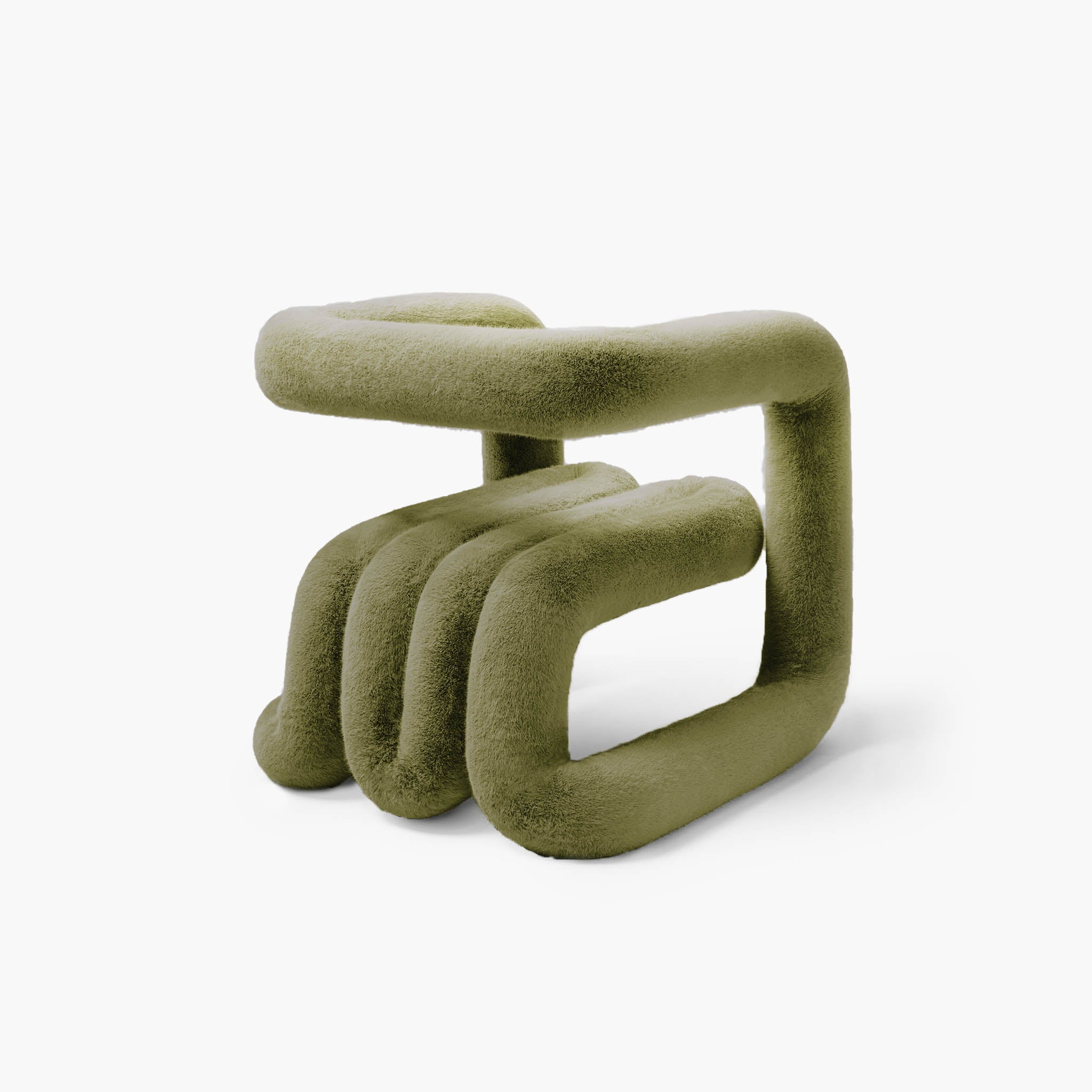 Quiet luxury lounge chair in dark green faux fur material