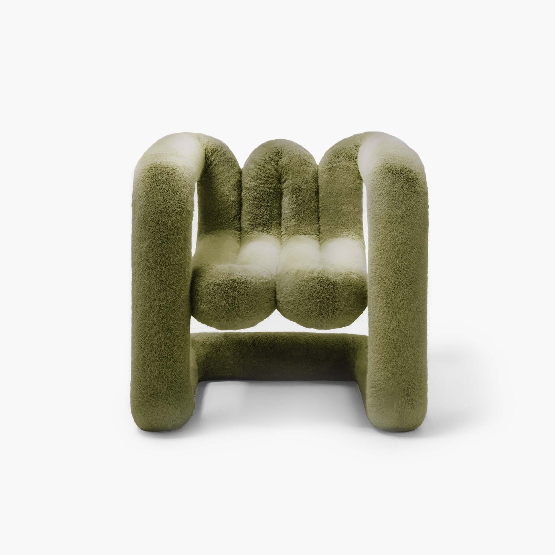 Pine green plush eco-fur lounge chair with organic silhouette