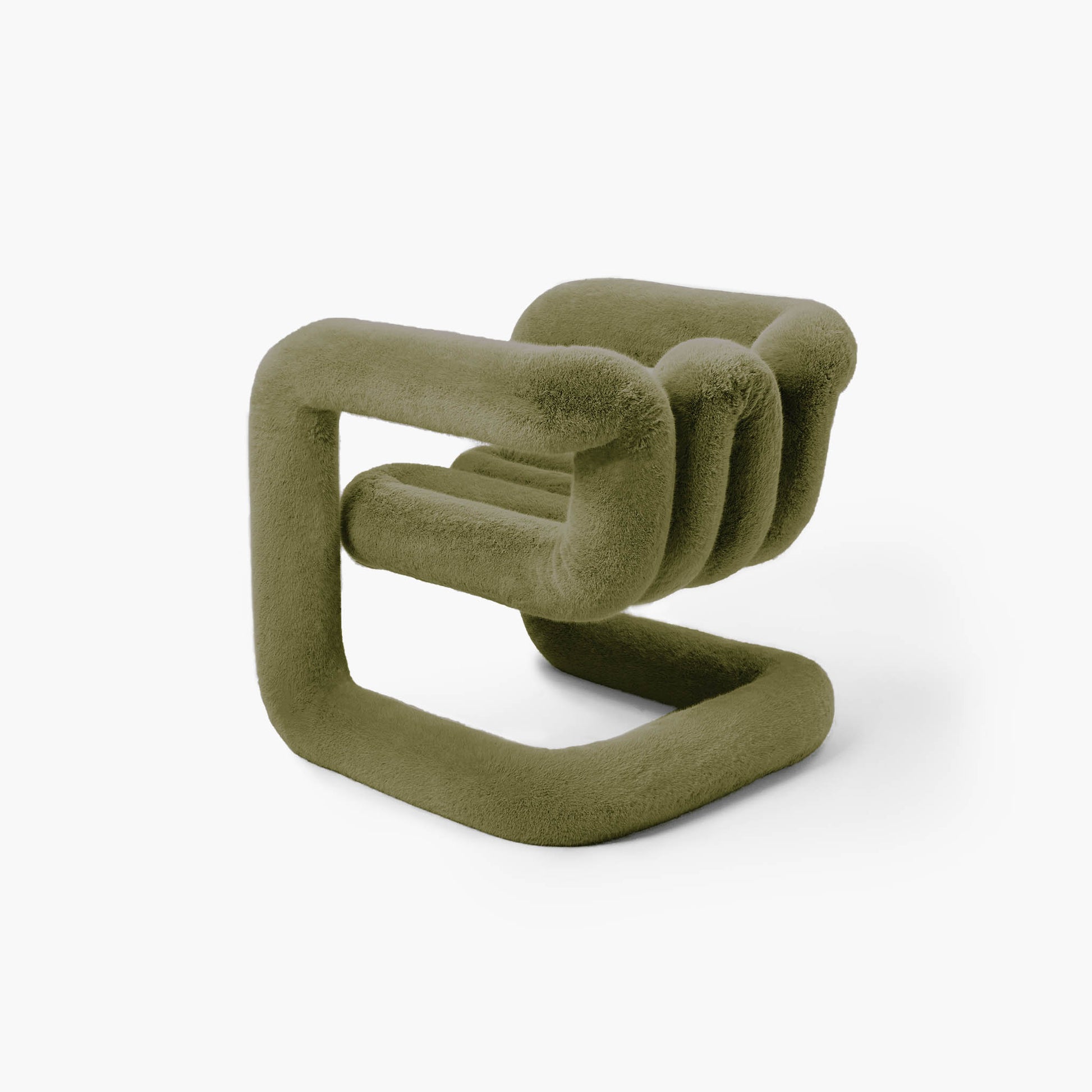 Tactile green eco-fur material on a contemporary sculptural chair